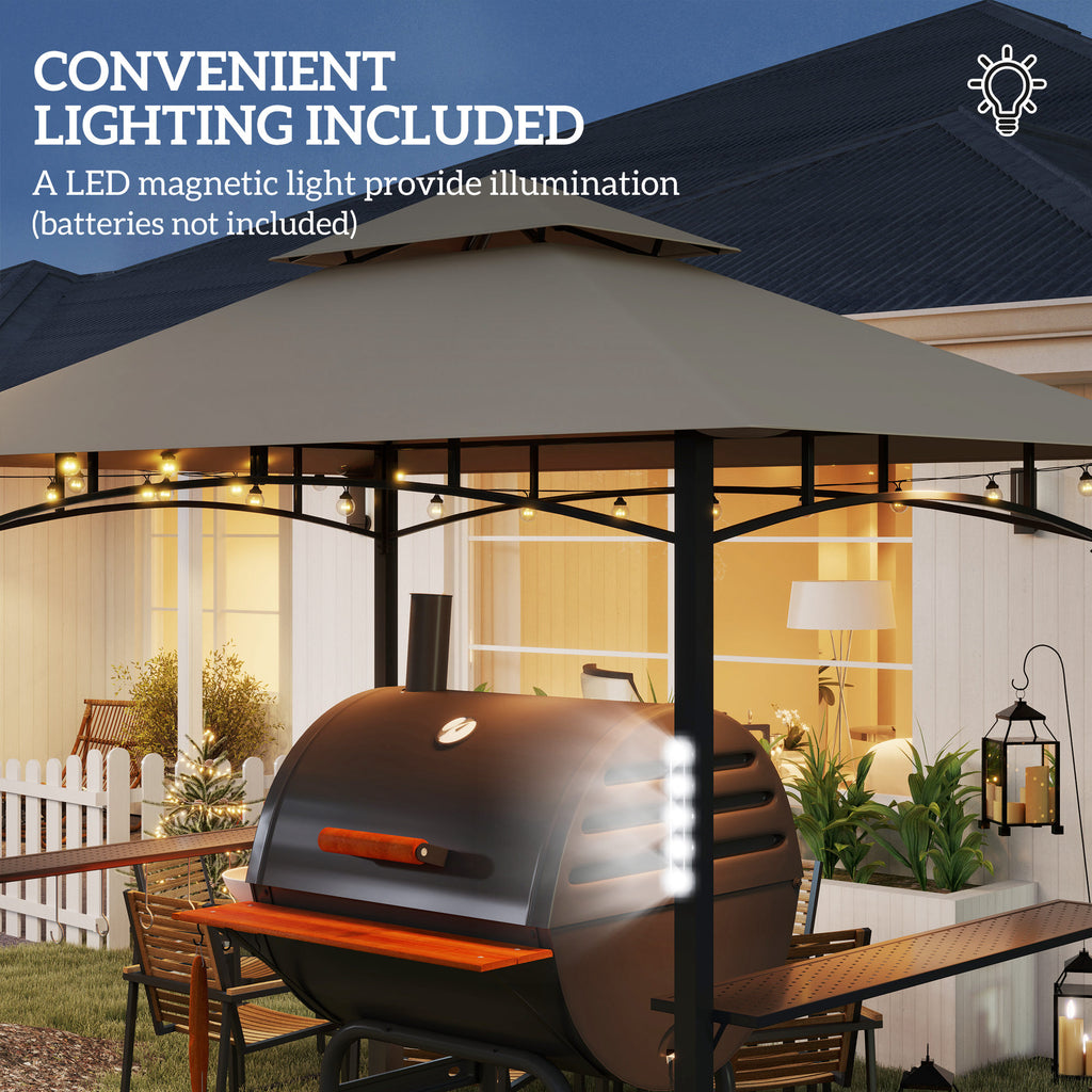 8' x 5' Outdoor Grill Gazebo, Barbecue Gazebo Shelter with LED Light, 2 Side Shelves, Hooks, Bottle Opener, Khaki