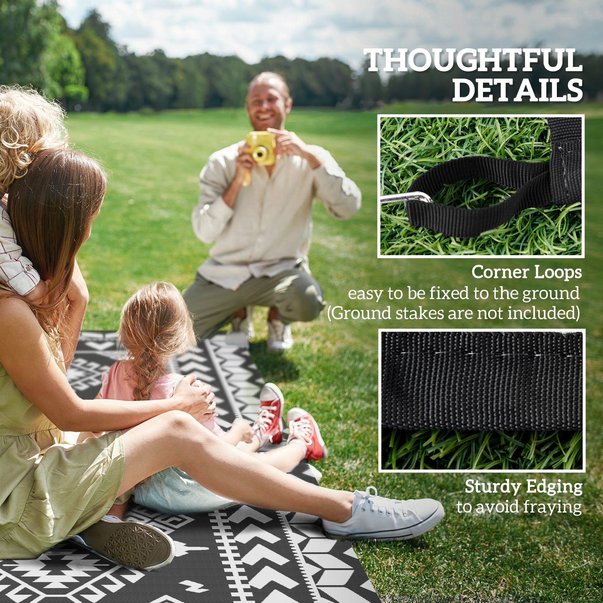 Reversible Outdoor Rug, Waterproof Plastic Straw with Carry Bag, 9' x 18', Black & White Rhombus Patchwork