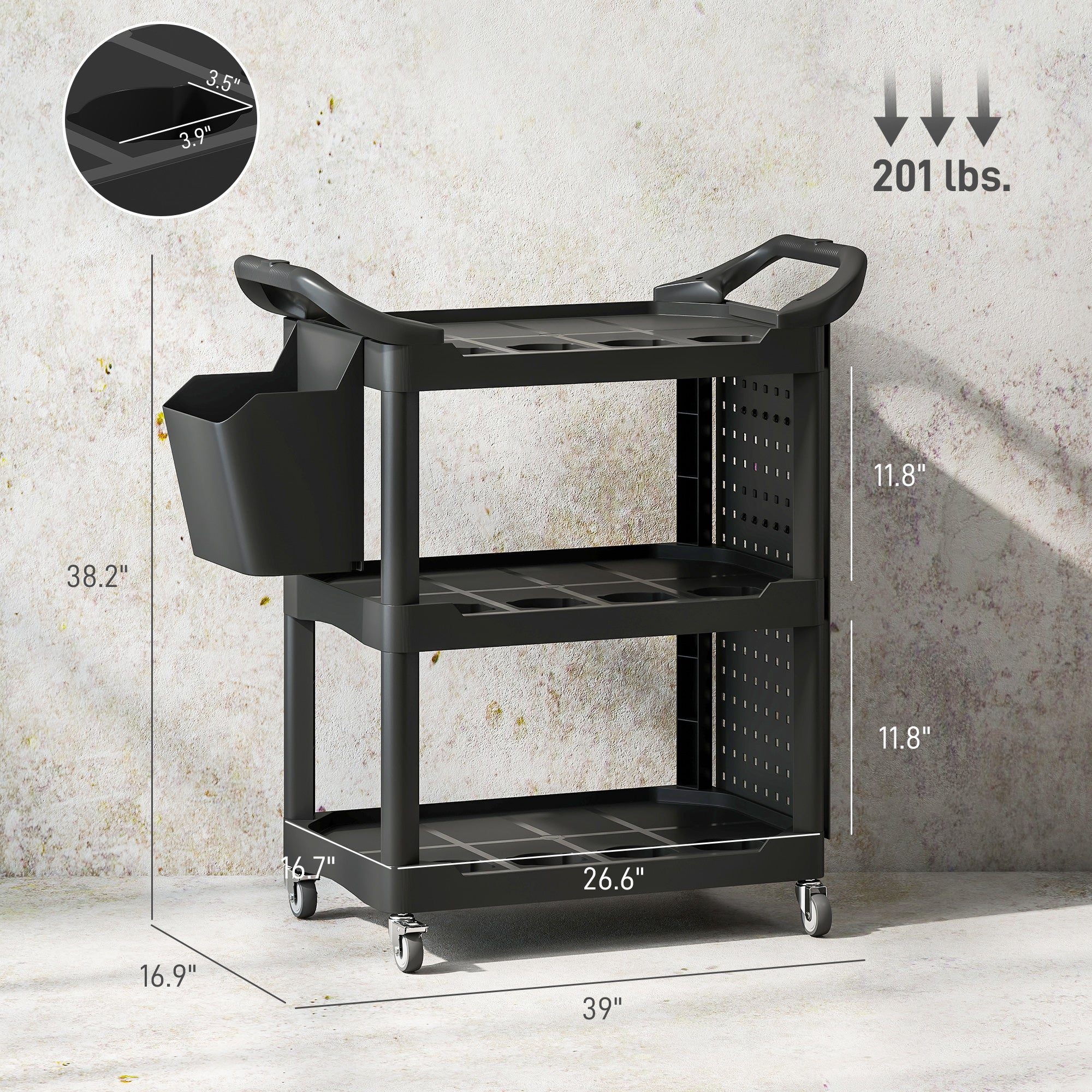 3-Tier Rolling Tool Cart, 200 LBS Capacity Plastic Utility Cart with Side Shelf and Storage Bucket, Black