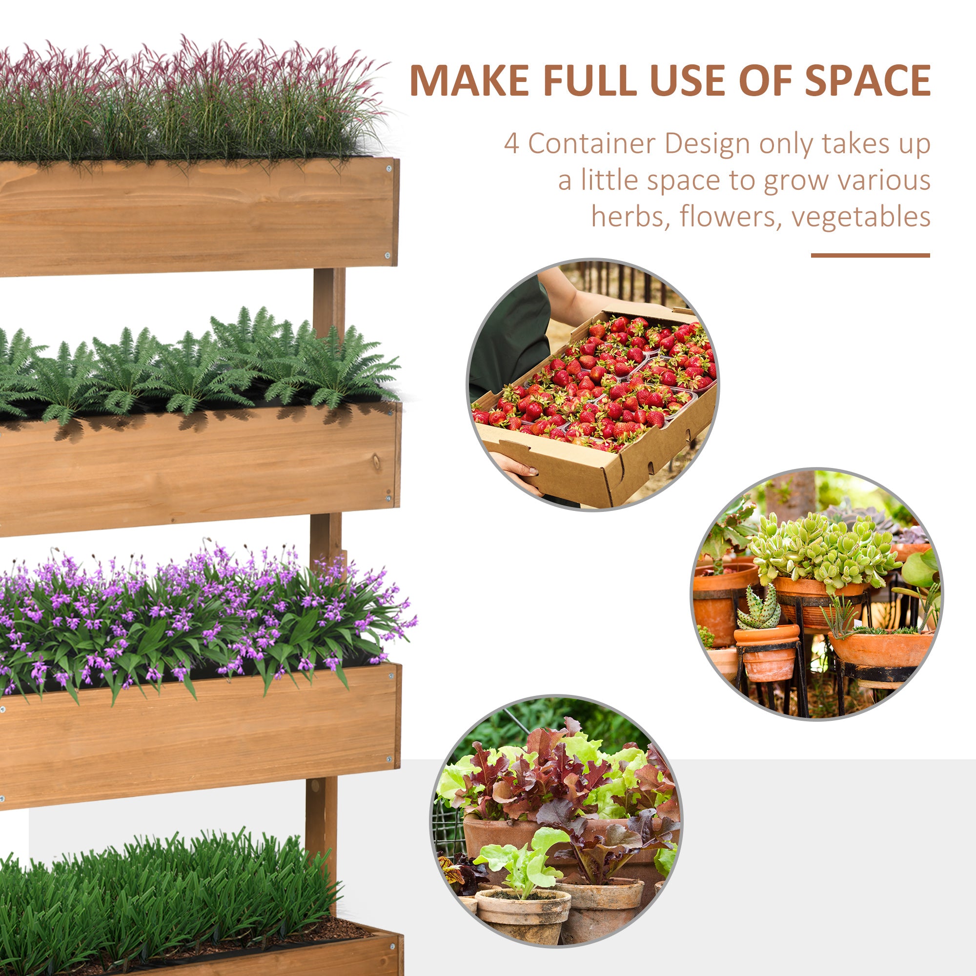Vertical 4 Tier Raised Garden Bed, Wooden Planter Box, Self-Draining with Bed Liner for Indoor Outdoor Flowers, Vegetables and Herbs, Orange