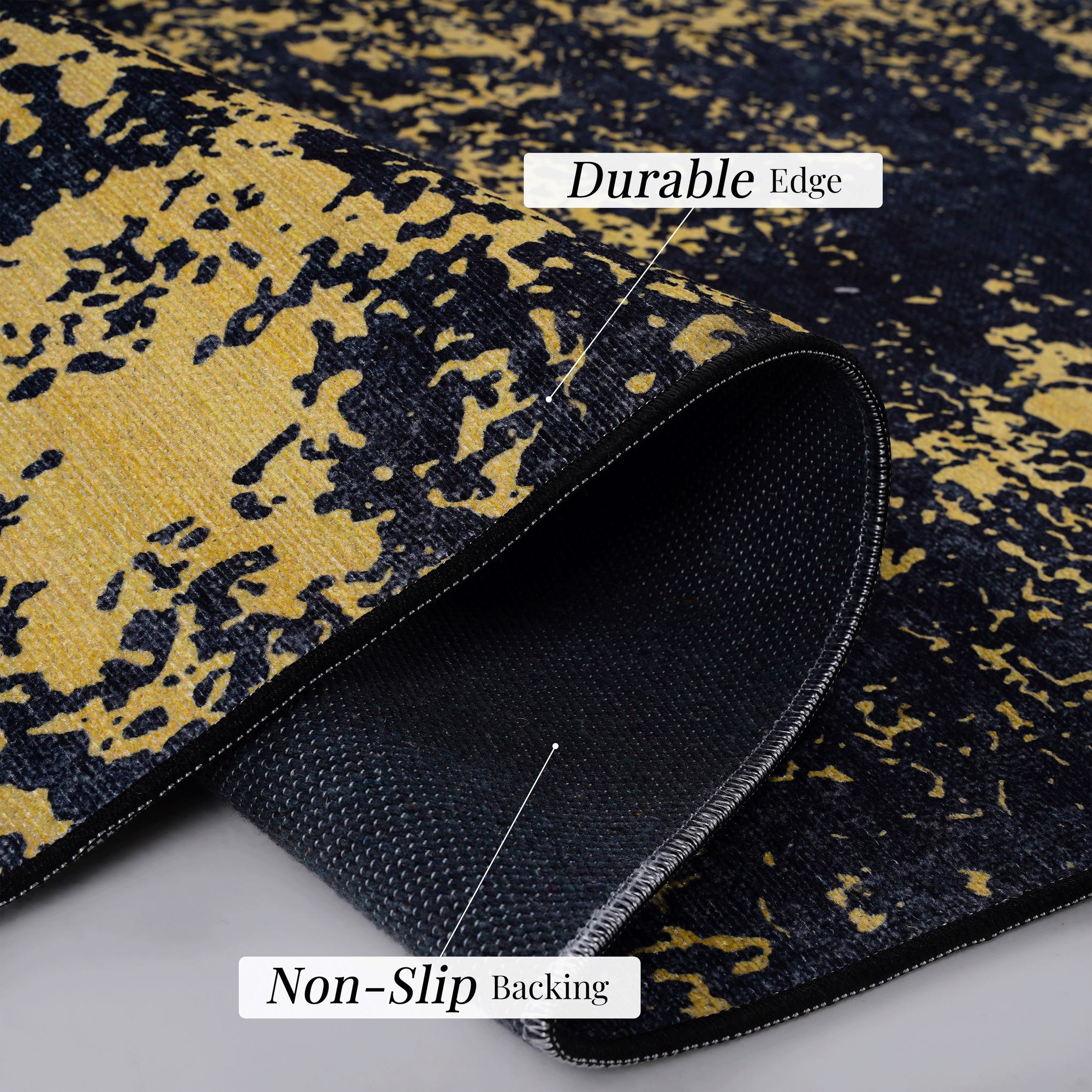 8x10 Non-Slip Machine Washable Area Rug with Low-Pile, Non-Shedding Kid and Pet Friendly Carpet, 96" L x 120" W x 0.15" H, Black+Gold