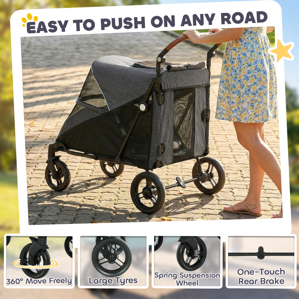 Dog Stroller for Large Dogs Up to 66 LBS with All-Terrain Spring Suspension, 8-Position Adjustable Handle, Gray