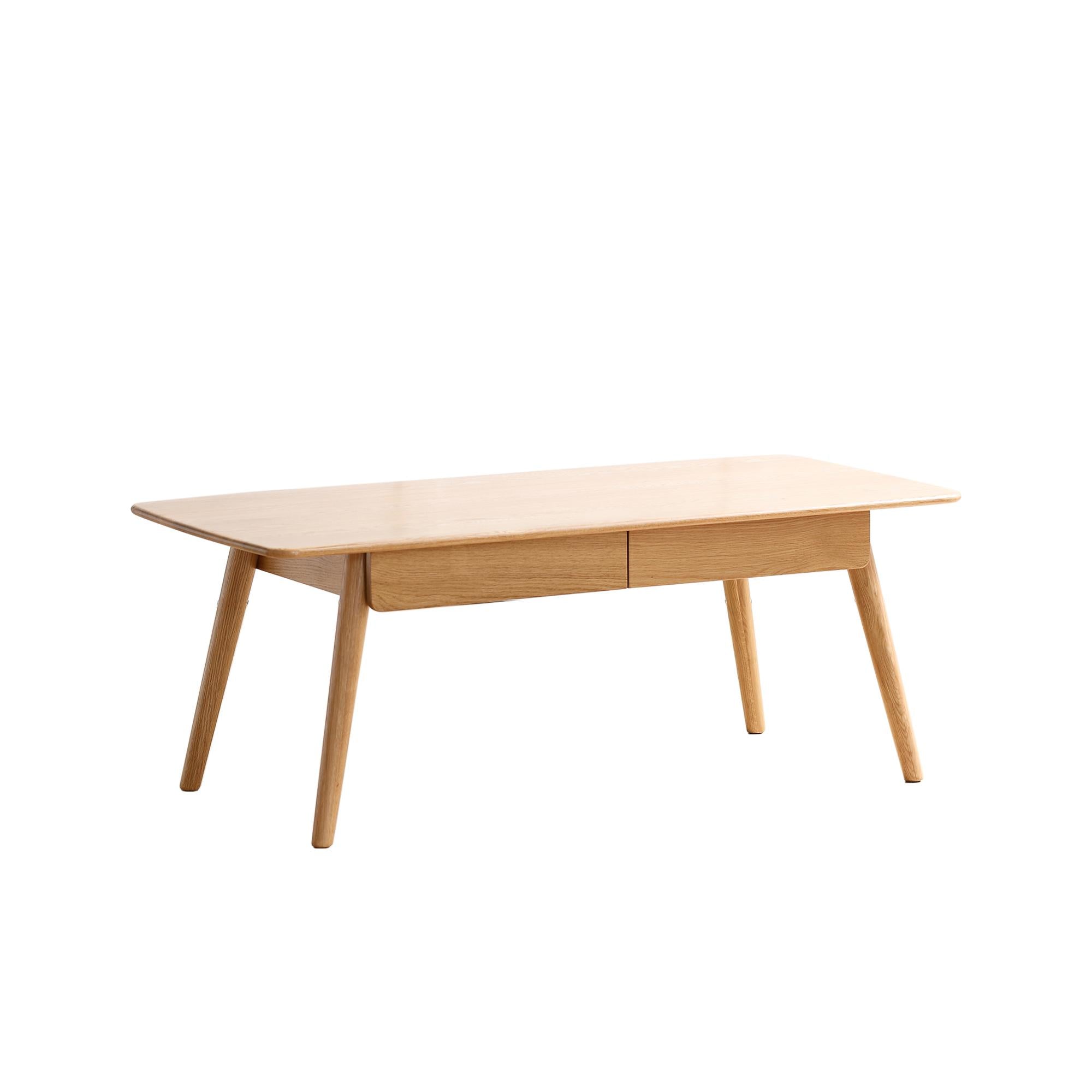 Solid Oak Coffee Table with 2-Drawer Storage and Open Shelf, Multi-Use Low Writing Desk for Modern Homes, 47″ L x 22″ W x 17.5″ H, Oak