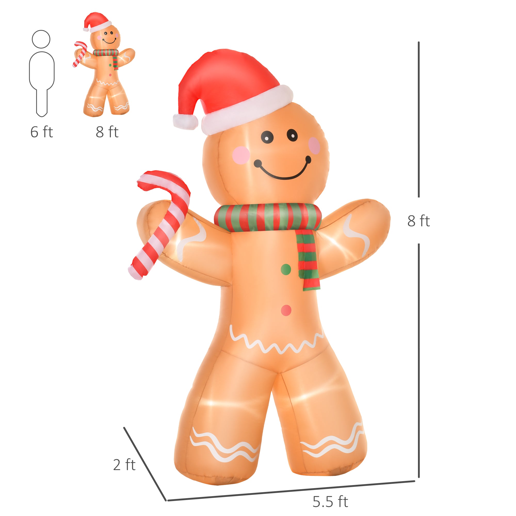 8ft Christmas Inflatable Gingerbread Man with a Candy Cane, Outdoor Blow-Up Yard Decoration with LED Lights Display