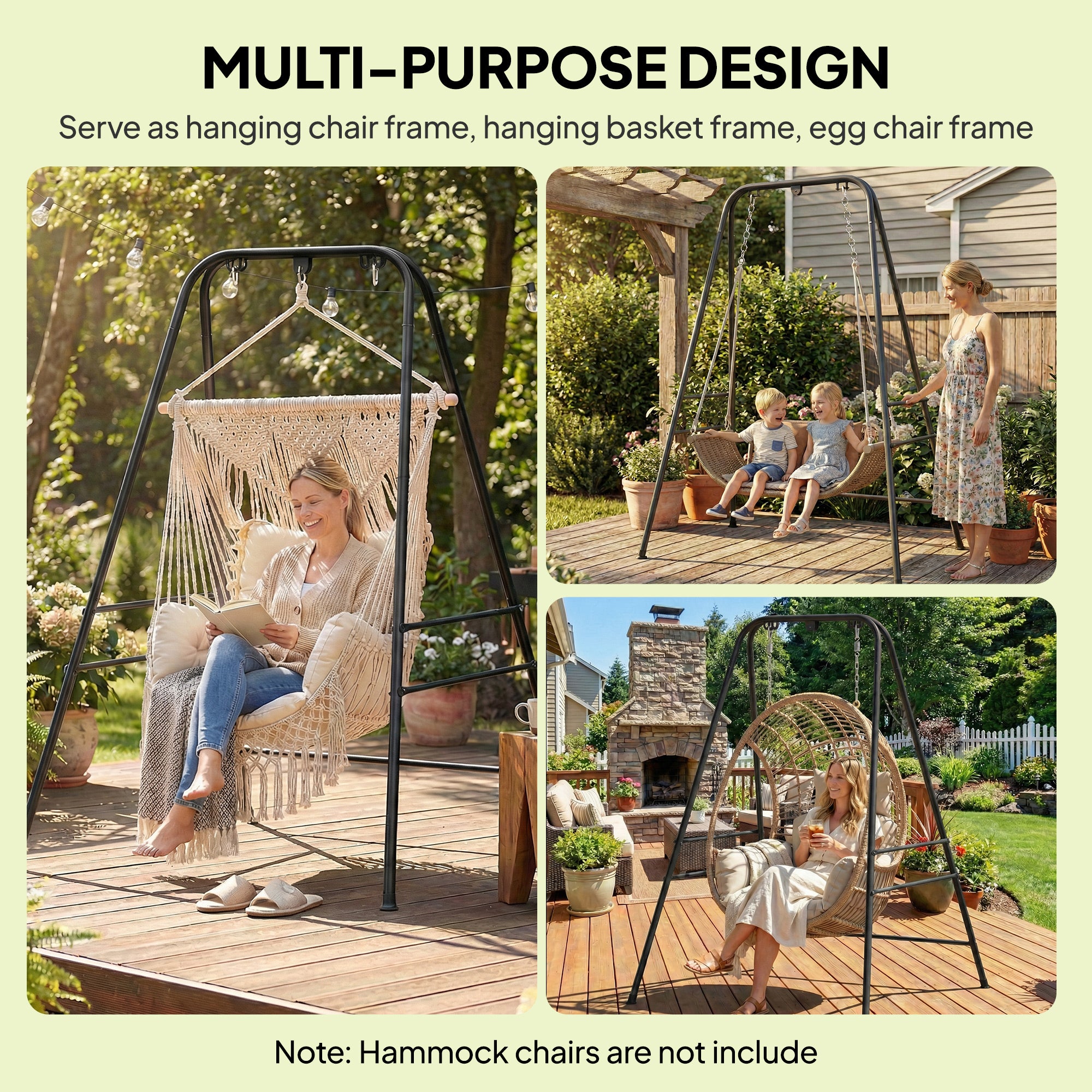 Hammock Chair Stand Indoor and Outdoor Use with Anti-Slip Foot Pads, 2 Carabiners, Black