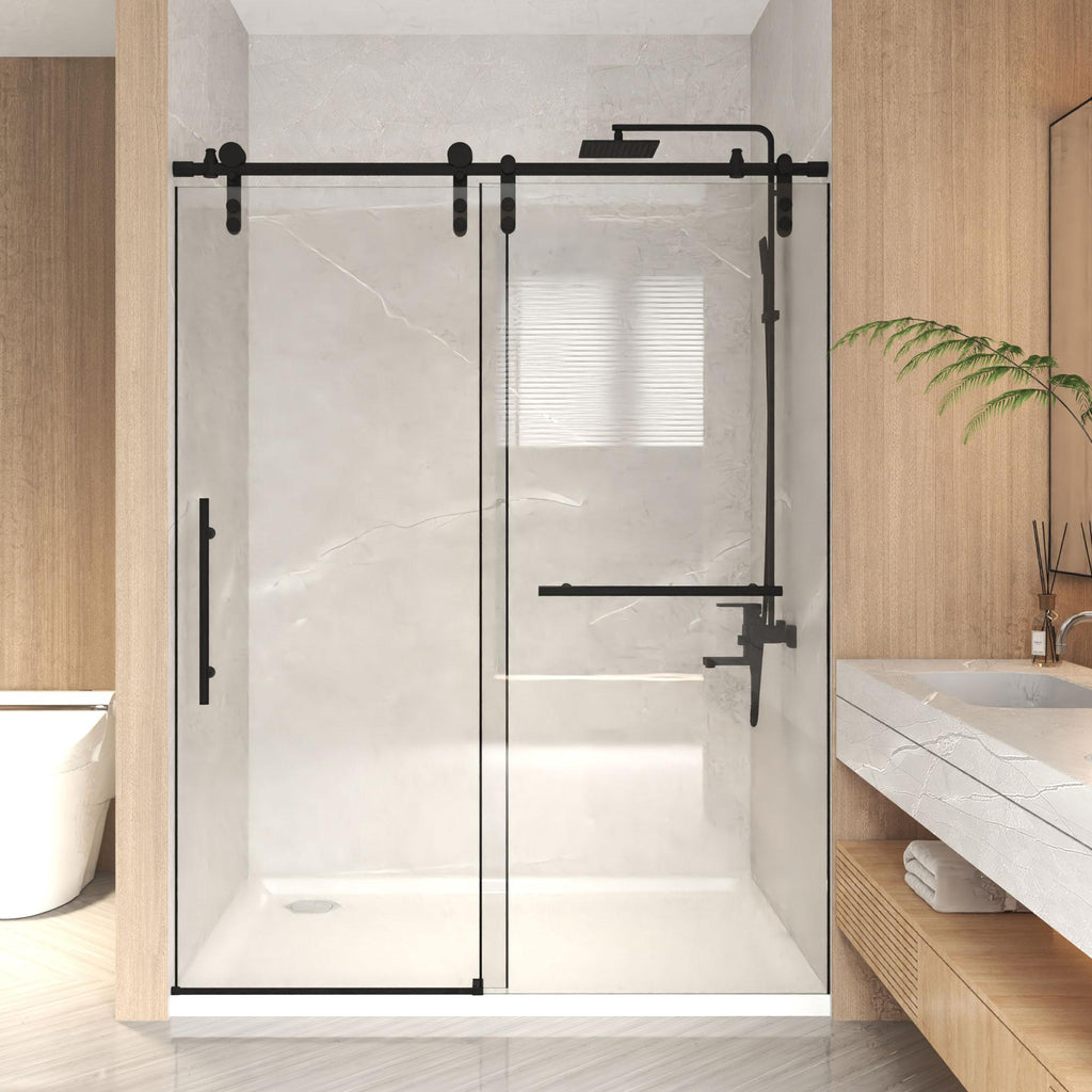 Sliding Shower Door with Waterproof Seals and Tempered Glass, Bathroom Door with Towel Bar Handle, 60" L x 0.5" W x 76" H, Matte Black