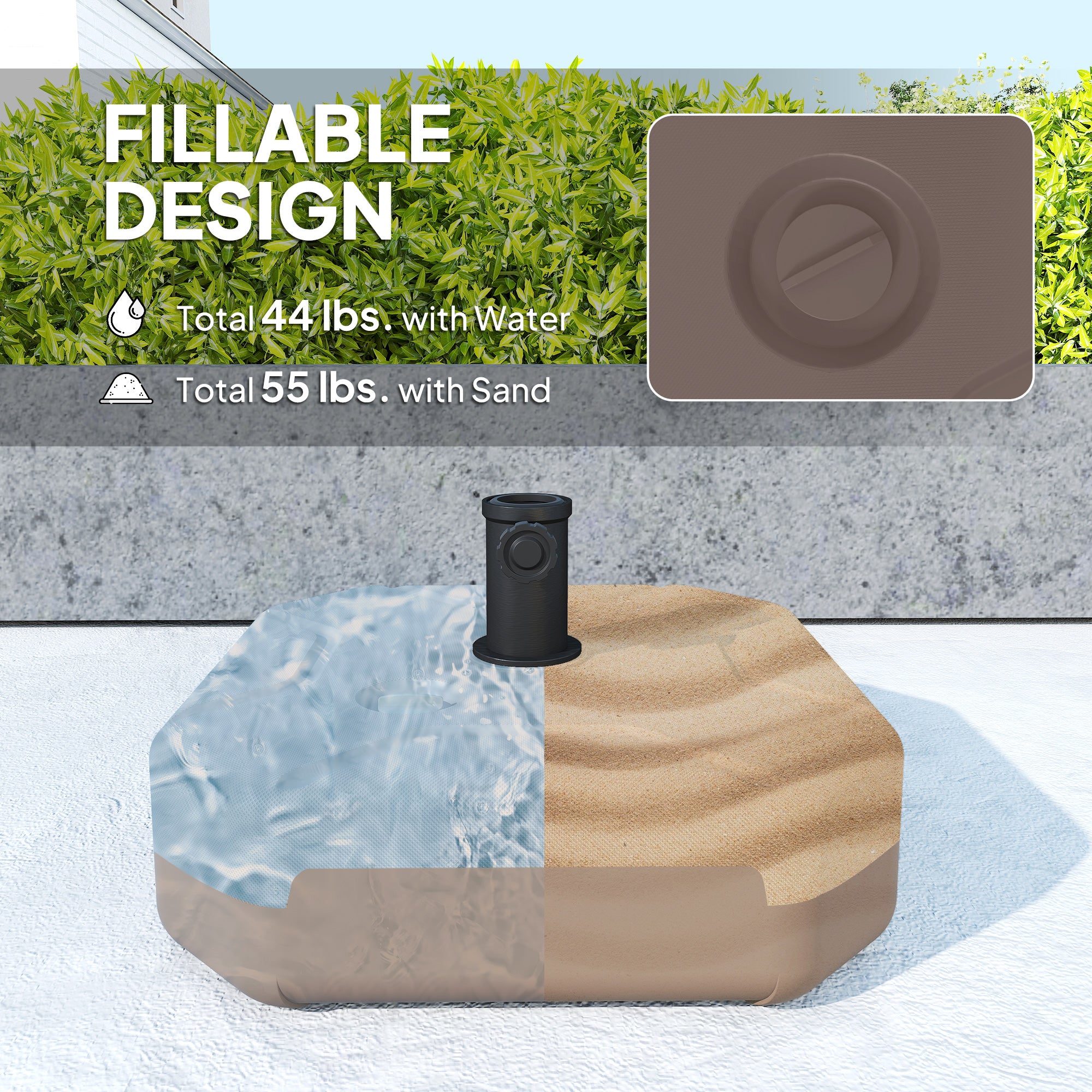 Square Patio Umbrella Base Holder, Heavy Duty Outdoor Umbrella Stand Base, Filled Up to 55lbs with Sand or 44lbs with Water for Garden, Poolside, Brown