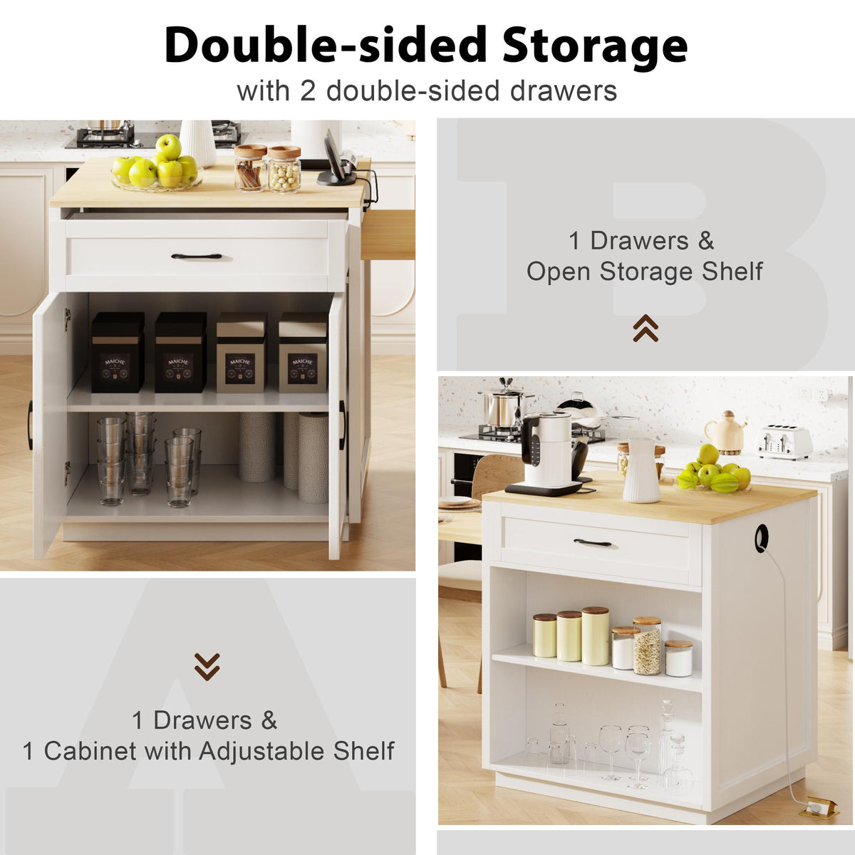 Kitchen Island with Extendable Table, Double-Sided Storage, Power Outlet, Adjustable Shelves, Lockable Wheels, 83" L x 27.5" W x 36" H, White Oak