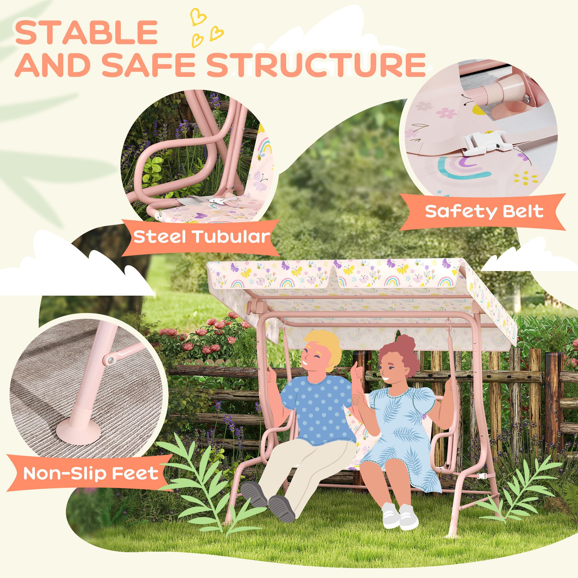 Kids Patio Swing Chair with Adjustable Canopy, Safety Belt for Patio, Garden, Poolside, Balcony, Pink