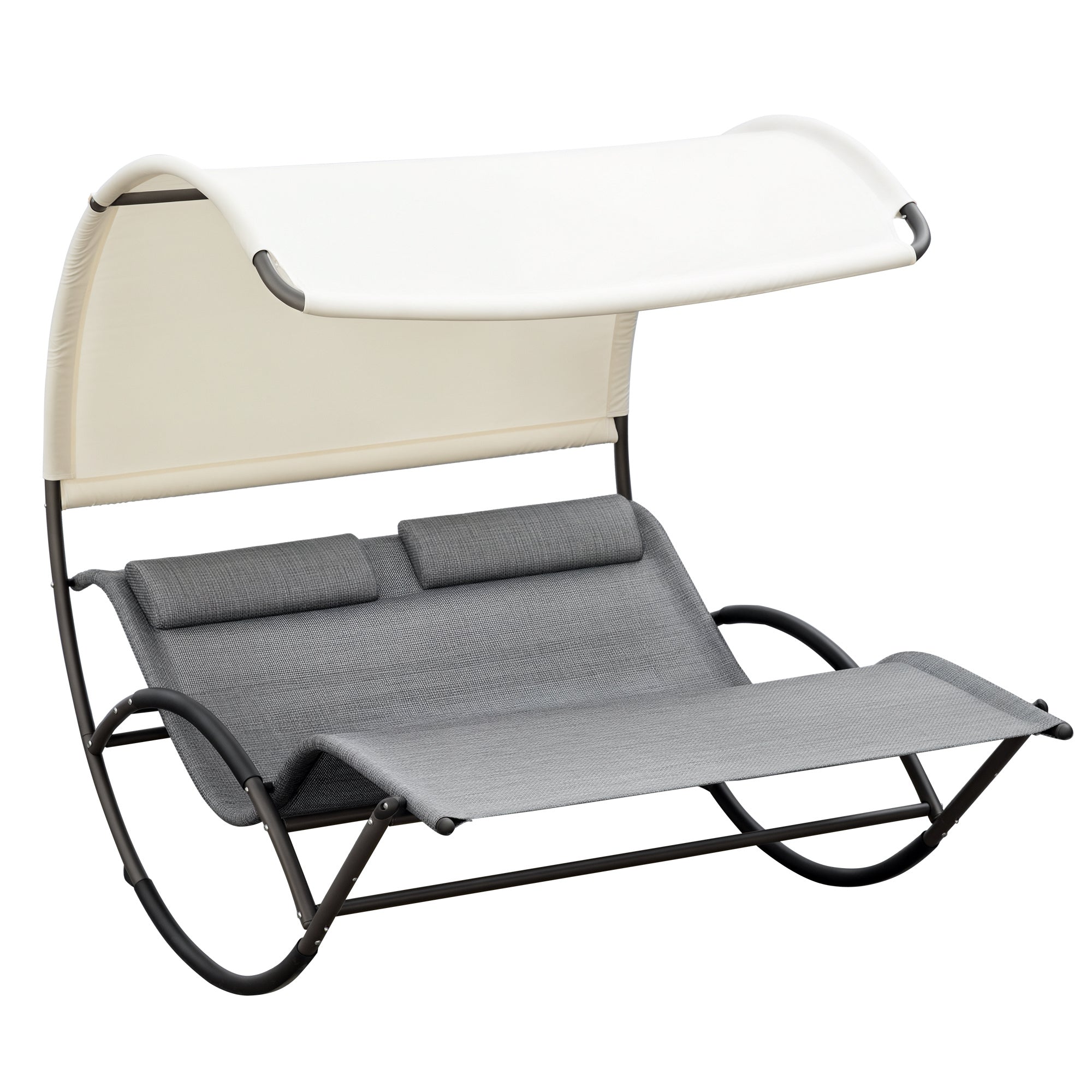 Outdoor Double Chaise Rocking Chair, Day Bed Sun Lounger with Canopy Shade, Headrest Pillow, Armrests for Garden, Poolside, Light Gray