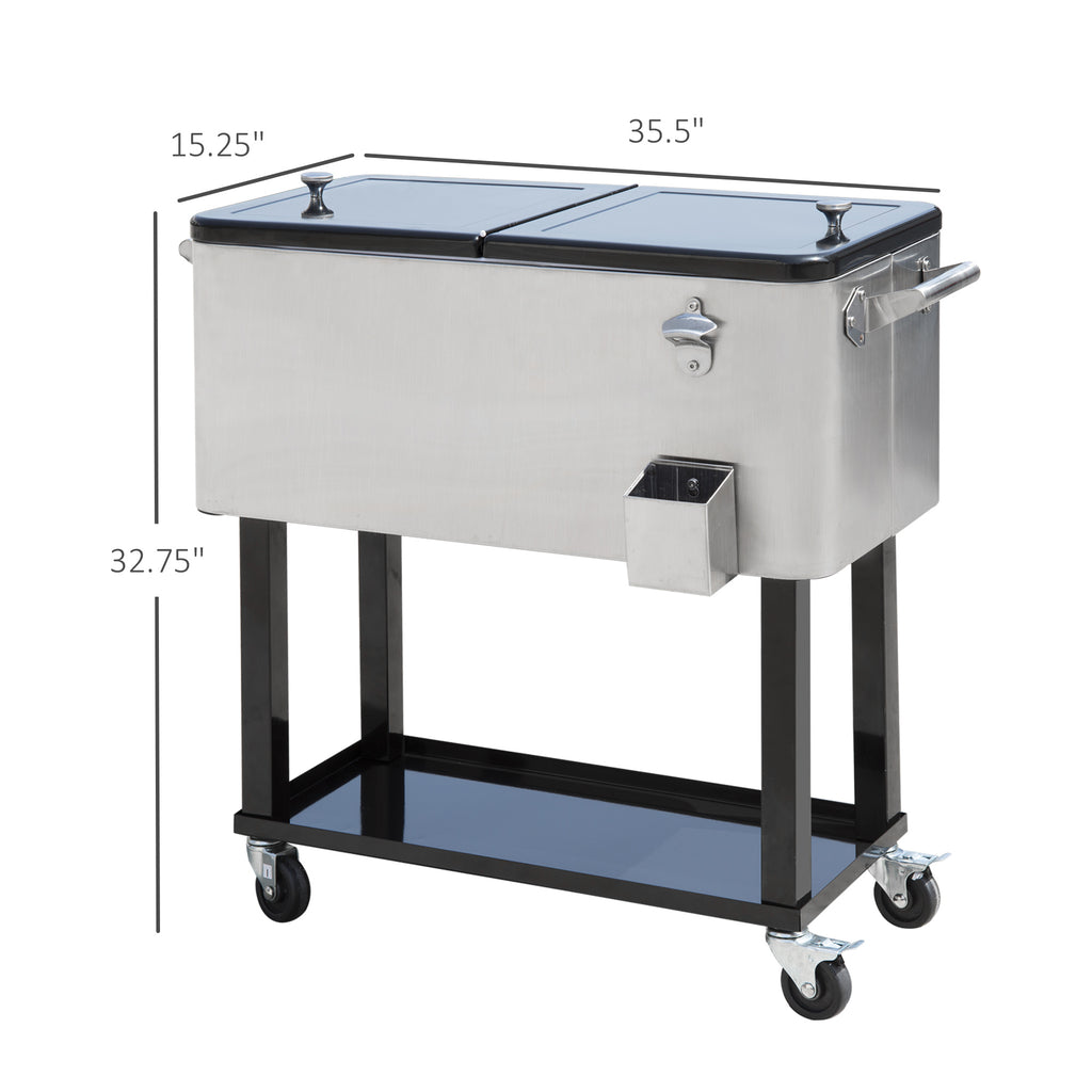 80 QT Rolling Cooling Bins Ice Chest on Wheels Outdoor Stand Up Drink Cooler Cart for Party, Silver