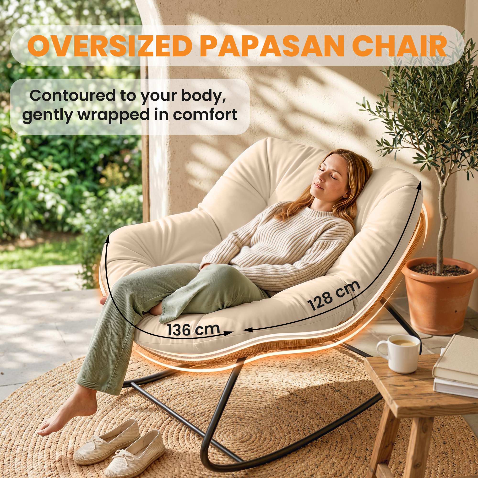 Indoor Outdoor Papasan Rocking Chair, Oversized Rocking Egg Chair with Cushion for Garden, Patio, Cream White