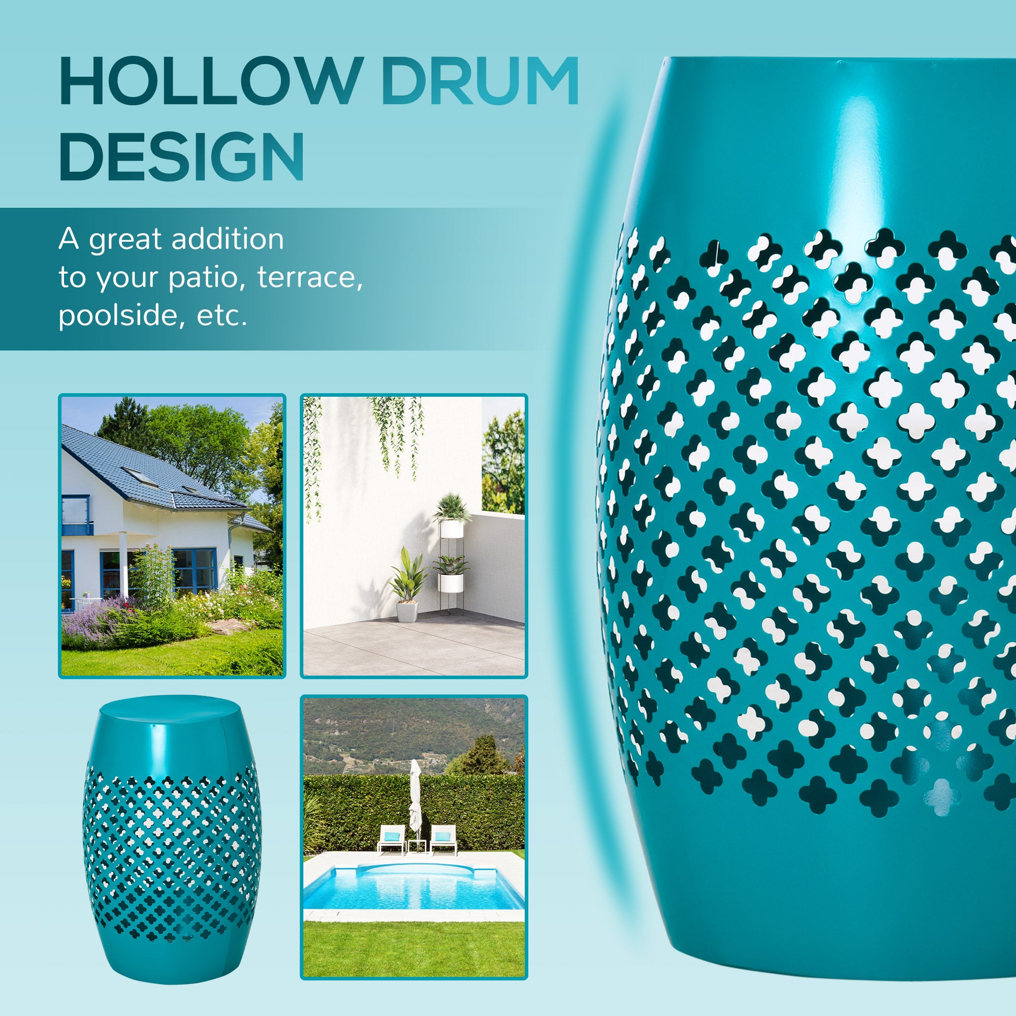 12" Steel Outdoor Side Table, Round Hollow Drum Patio End Table, Accent Table for Indoor and Outdoor, Blue