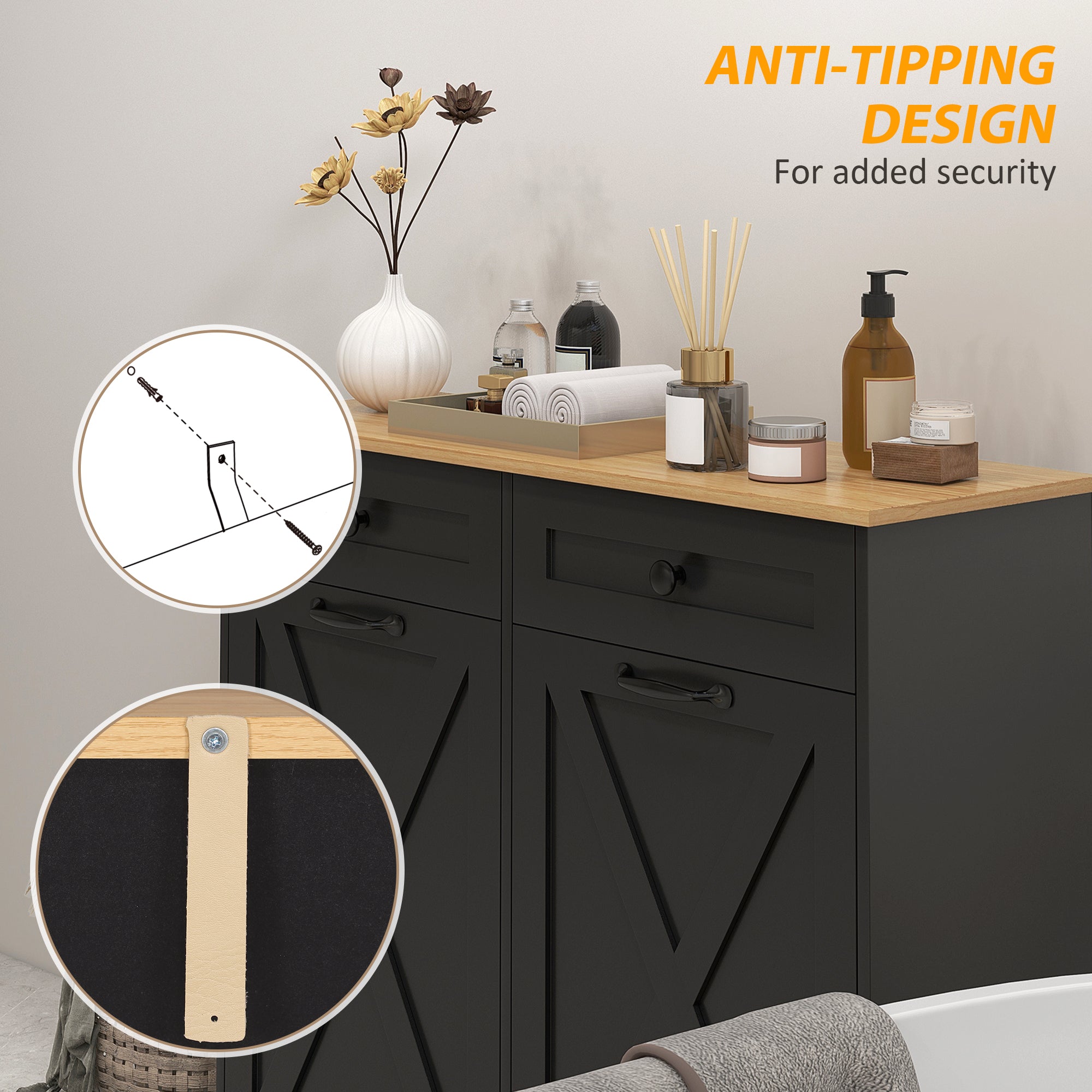 Tilt Out Laundry Hamper Cabinet, Bathroom Storage Cabinet with 2 Removable Baskets and 2 Drawers, Black