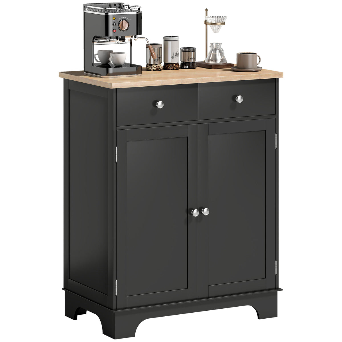 Kitchen Storage Cabinet, Sideboard Floor Cupboard with Solid Wood Top, Adjustable Shelf, and 2 Drawers, Black