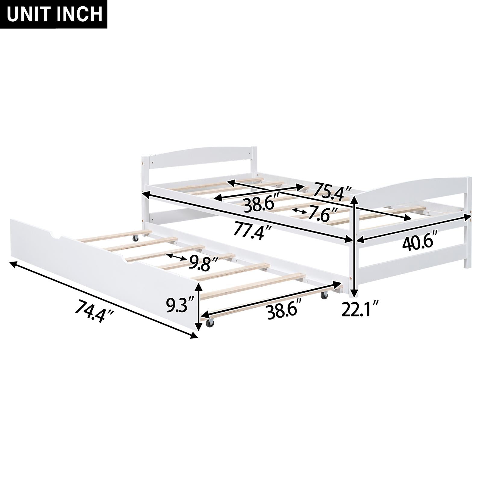 Twin Size Platform Bed with Twin Size Trundle, Headboard and Footboard, Sturdy Pine Wood Construction, 77.5" L x 40.5" W x 22" H, White