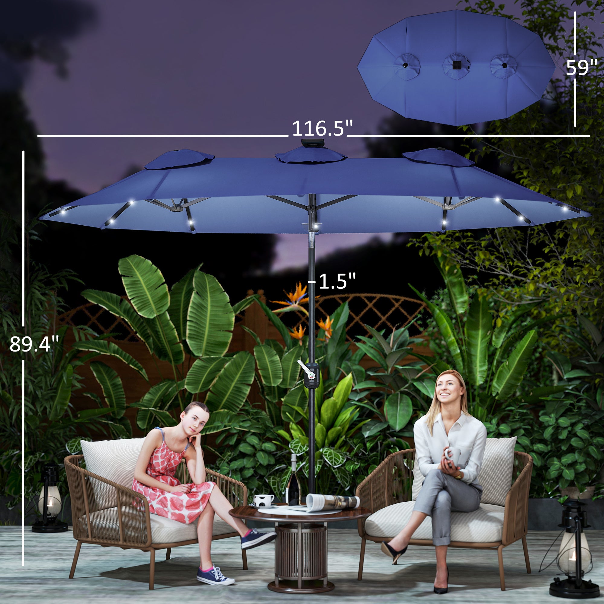 Double-sided Patio Umbrella, 9.7' Outdoor Umbrella with Tilt and Crank, LED Solar Light and 12 Ribs, Navy Blue
