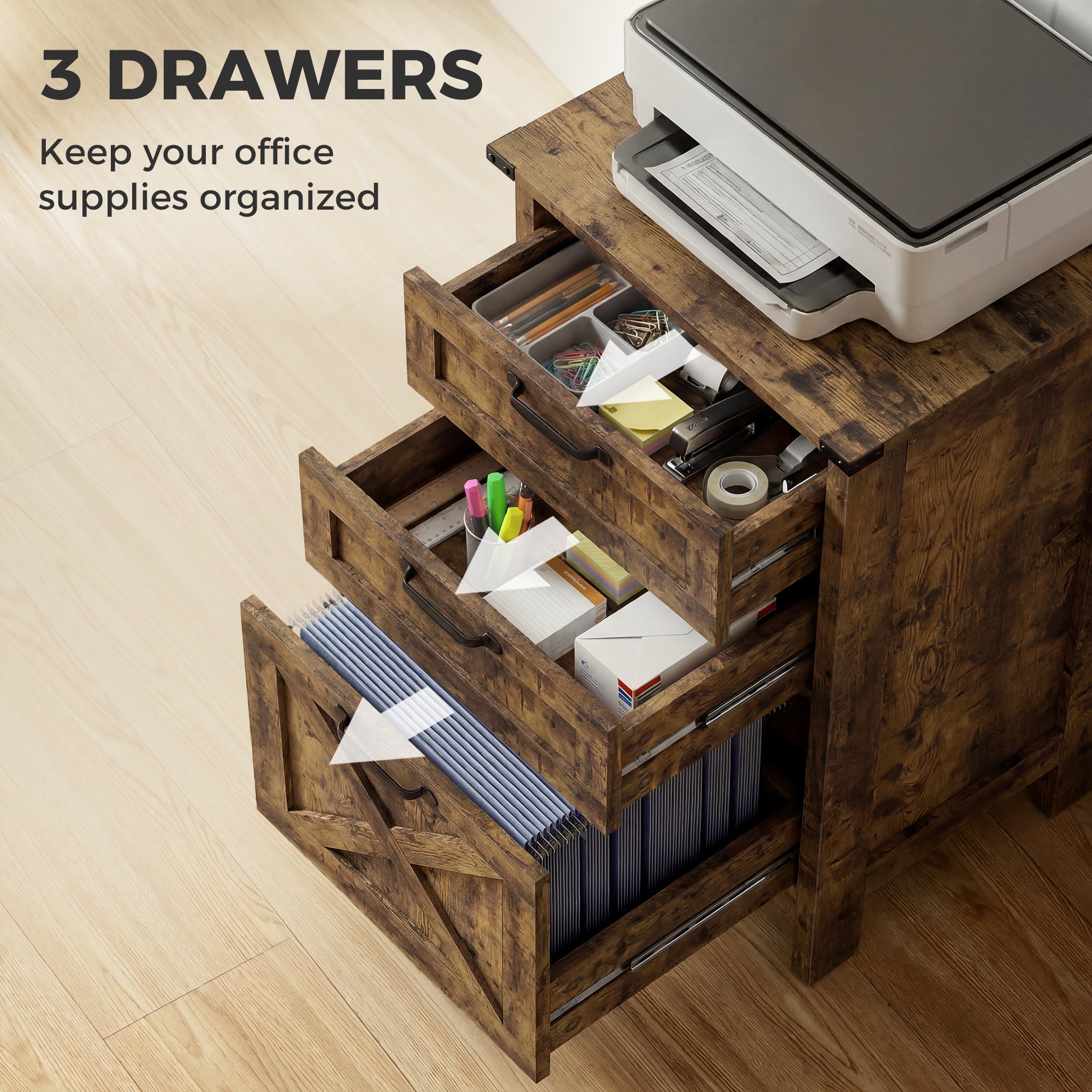 Vertical File Cabinet with 3 Drawers, Rustic Farmhouse Office Storage Cabinet for A4, Letter Size, Rustic Brown