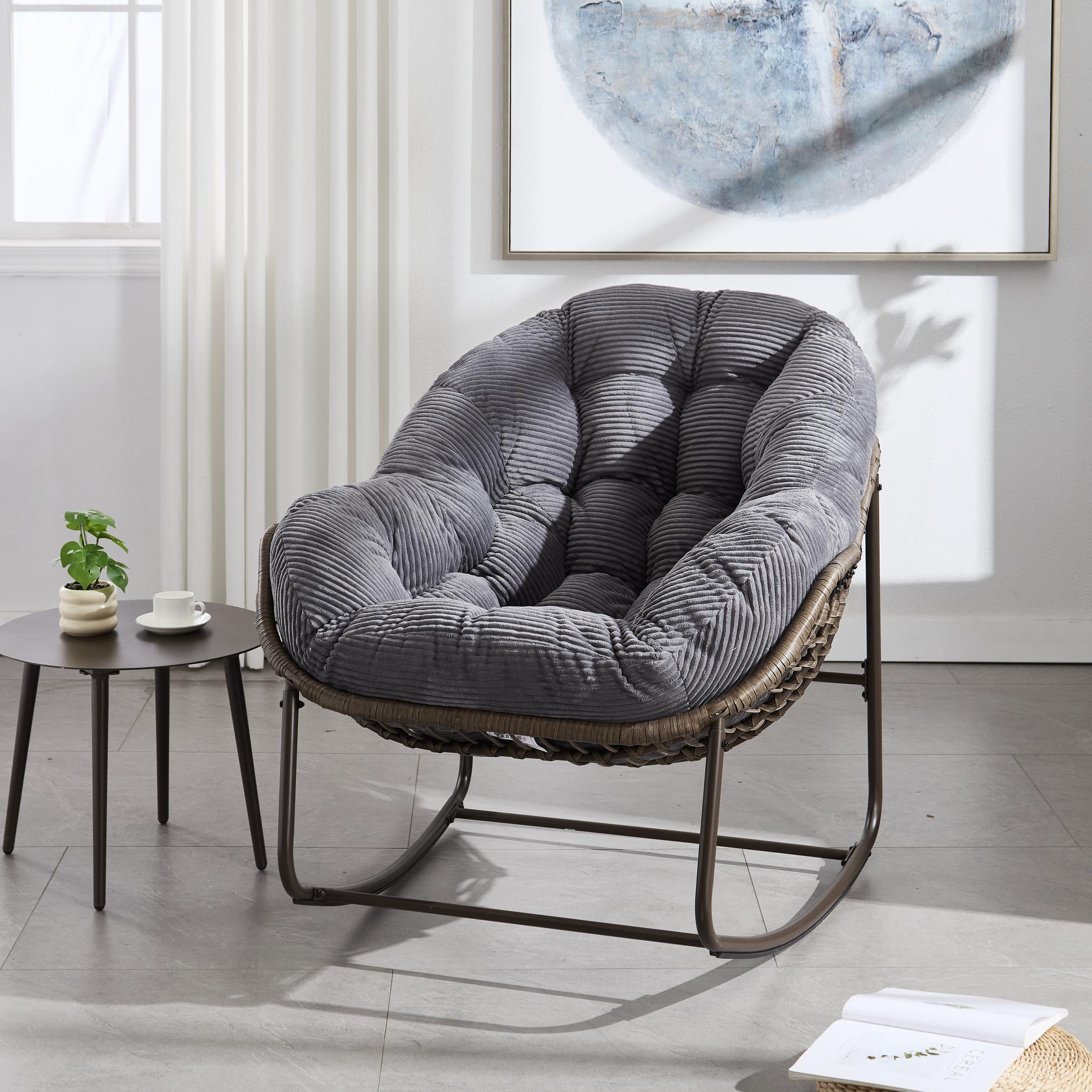 Oversized Outdoor Rattan Rocking Chair with Padded Cushion, Steel Frame, Ergonomic Hand-Woven Recliner, 44" L x 37" W x 31.5" H, Gray
