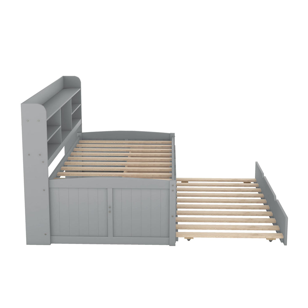 Classic Style Twin Size Wooden Captain Bed with Built-in Bookshelves, 3 Storage Drawers, and Trundle, 77.5" L x 88" W x 47" H, Grey