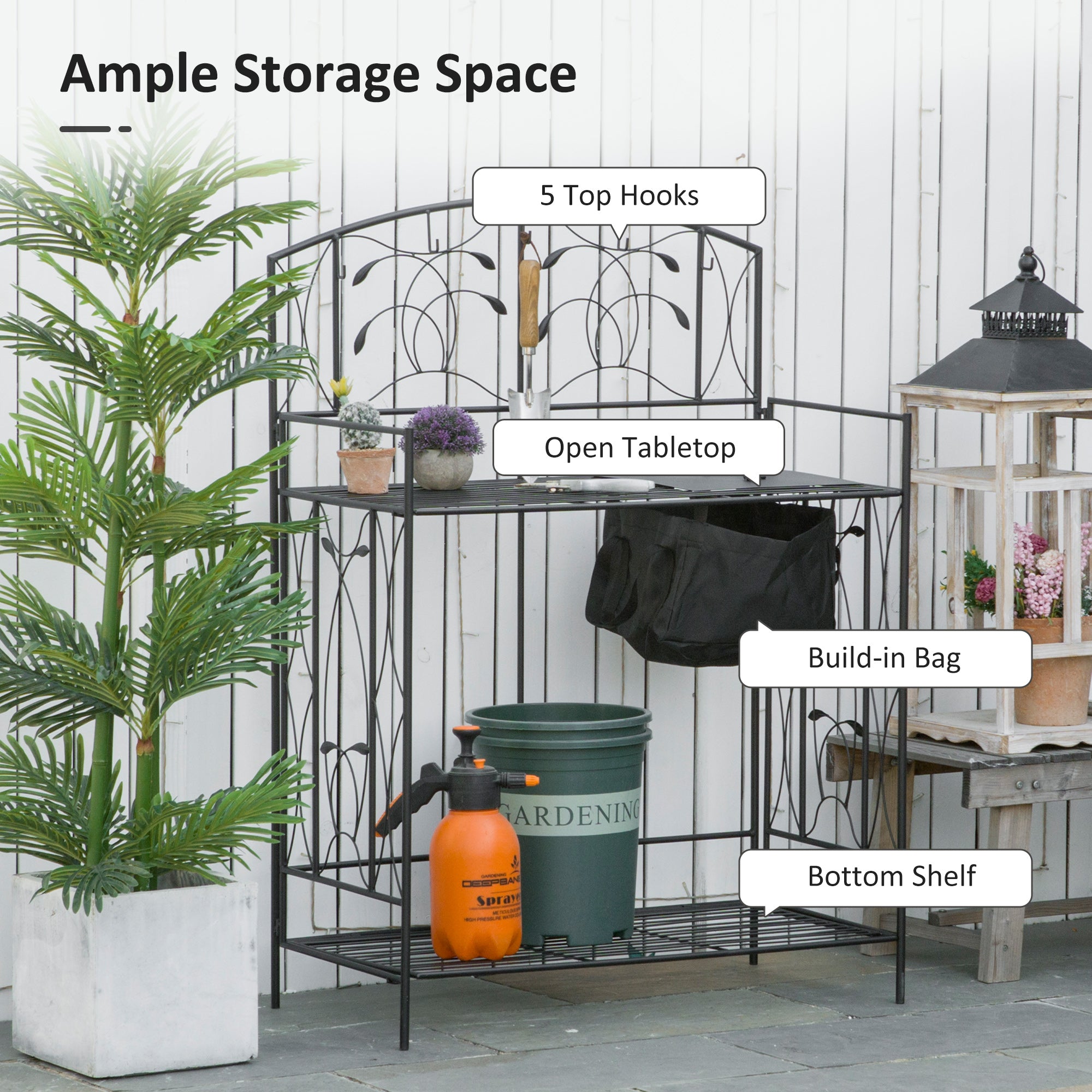 Folding Potting Bench Table, Metal Garden Workstation, Work Bench with Large Built-in Bag with Cover, 5 Hanging Hooks & Storage Shelf, Leaf Pattern