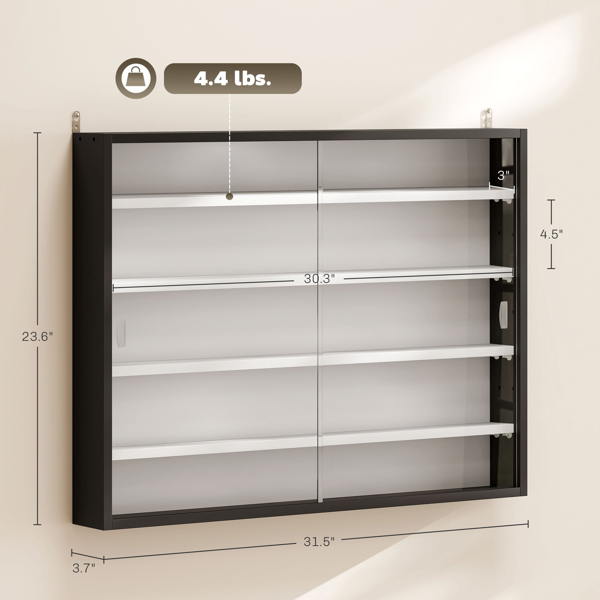 5-Tier Display Cabinet, Wall-Mounted Display Case with 2 Glass Doors and Adjustable Shelves, Black