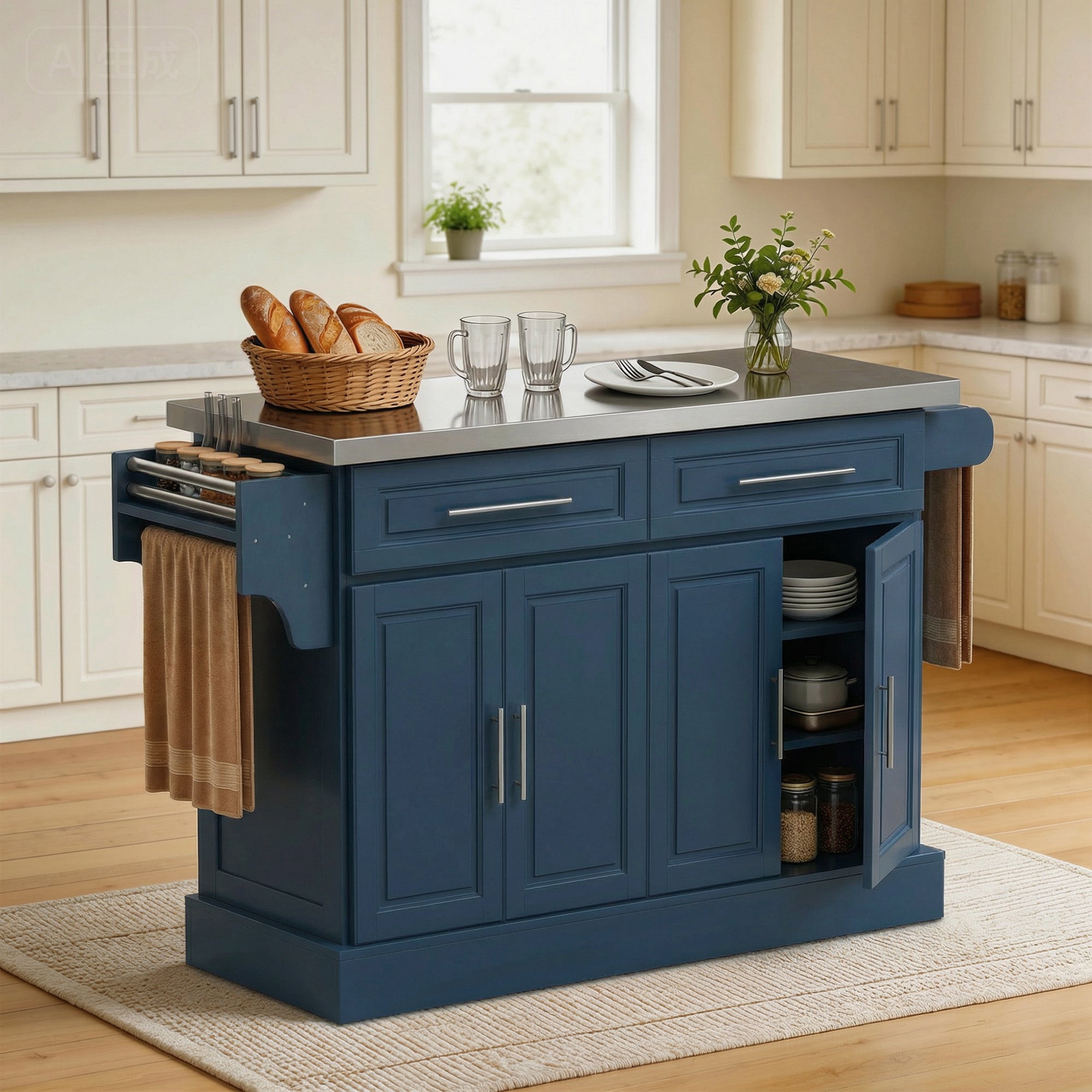 Rolling Kitchen Island with Stainless Steel Top, 2 Drawers, Spice, Knife and Towel Rack and Cabinets, Navy Blue
