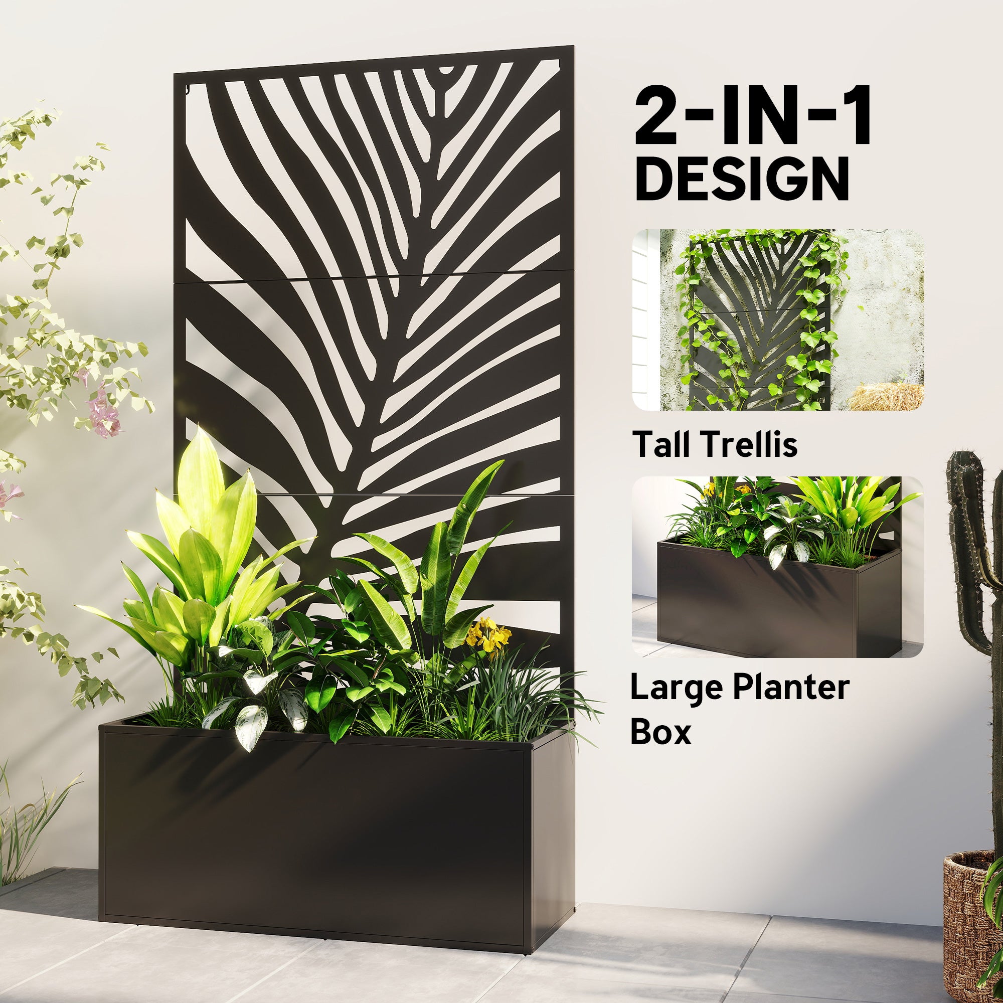 Metal Planter Box with Trellis, Raised Garden Bed with Trellis Large Leaf Cut-Out Privacy Screen for Climbing Plants