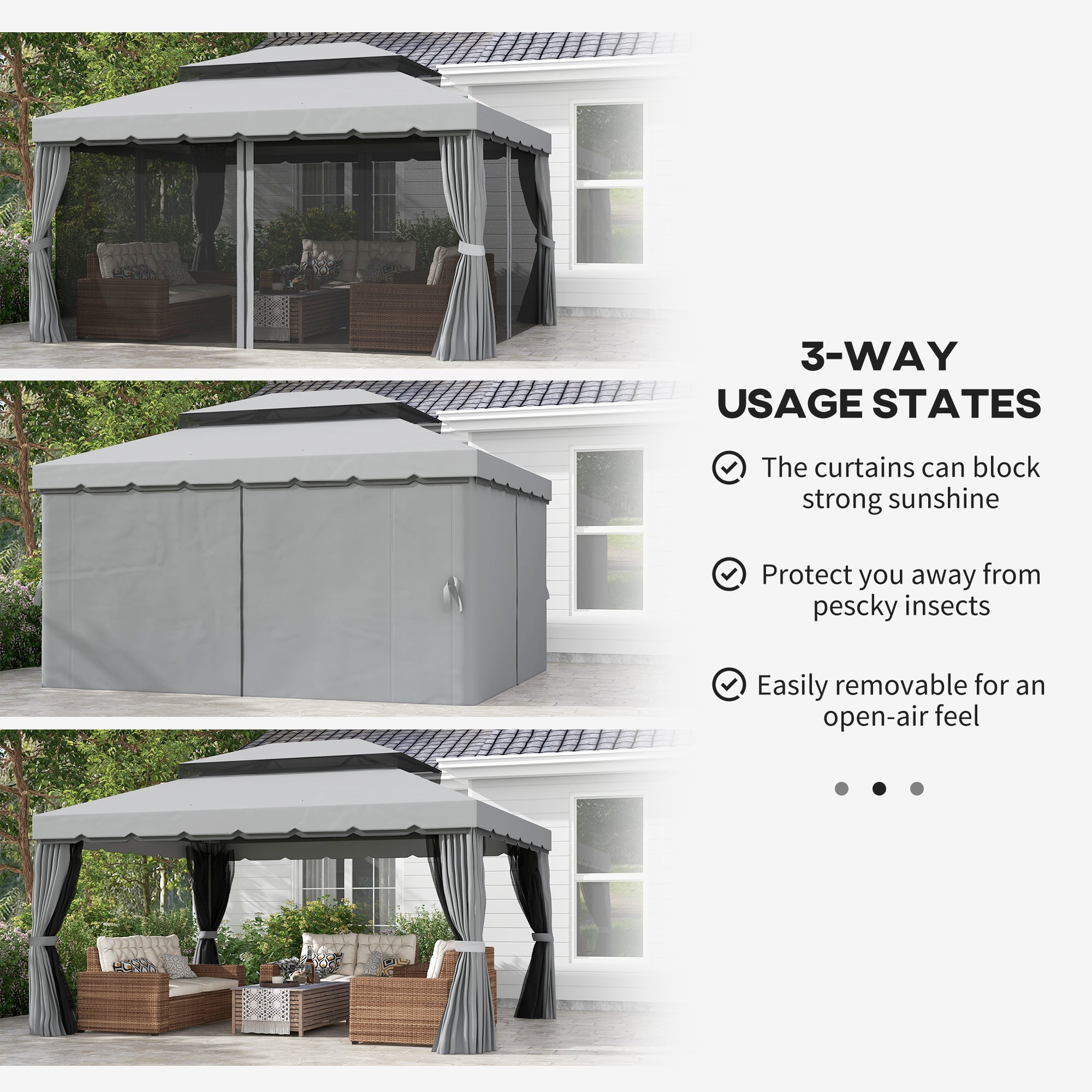 10' x 13' Patio Gazebo w/ Aluminum Frame Double Roof, Outdoor Gazebo Canopy Shelter with Netting & Curtains, Gray