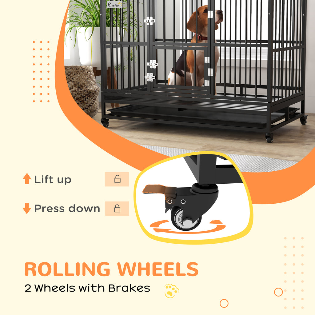 48" Heavy Duty Dog Crate with 4 Lockable Wheels, Double Doors, and Removable Tray, for XL and L Dogs