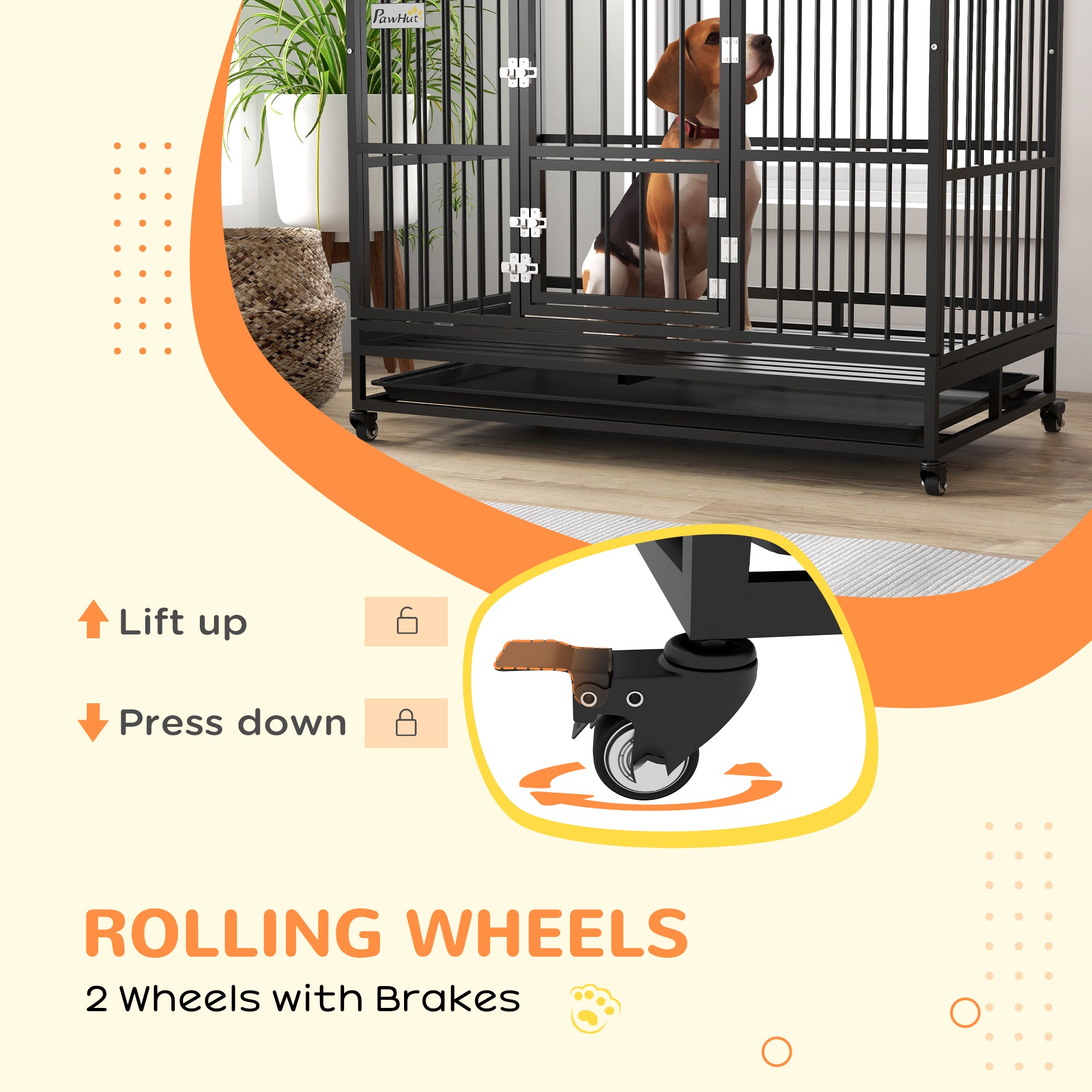 48" Heavy Duty Dog Crate with 4 Lockable Wheels, Double Doors, and Removable Tray, for XL and L Dogs