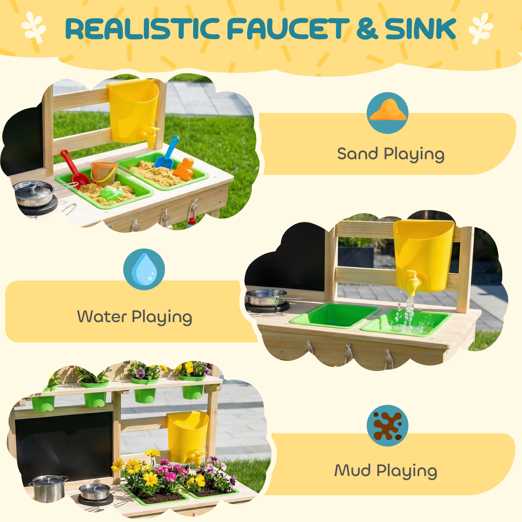 Kids Mud Kitchen, Outdoor Wooden Play Kitchen with Kitchenware & Garden Tools, Pretend Play Outdoor Toys, Natural