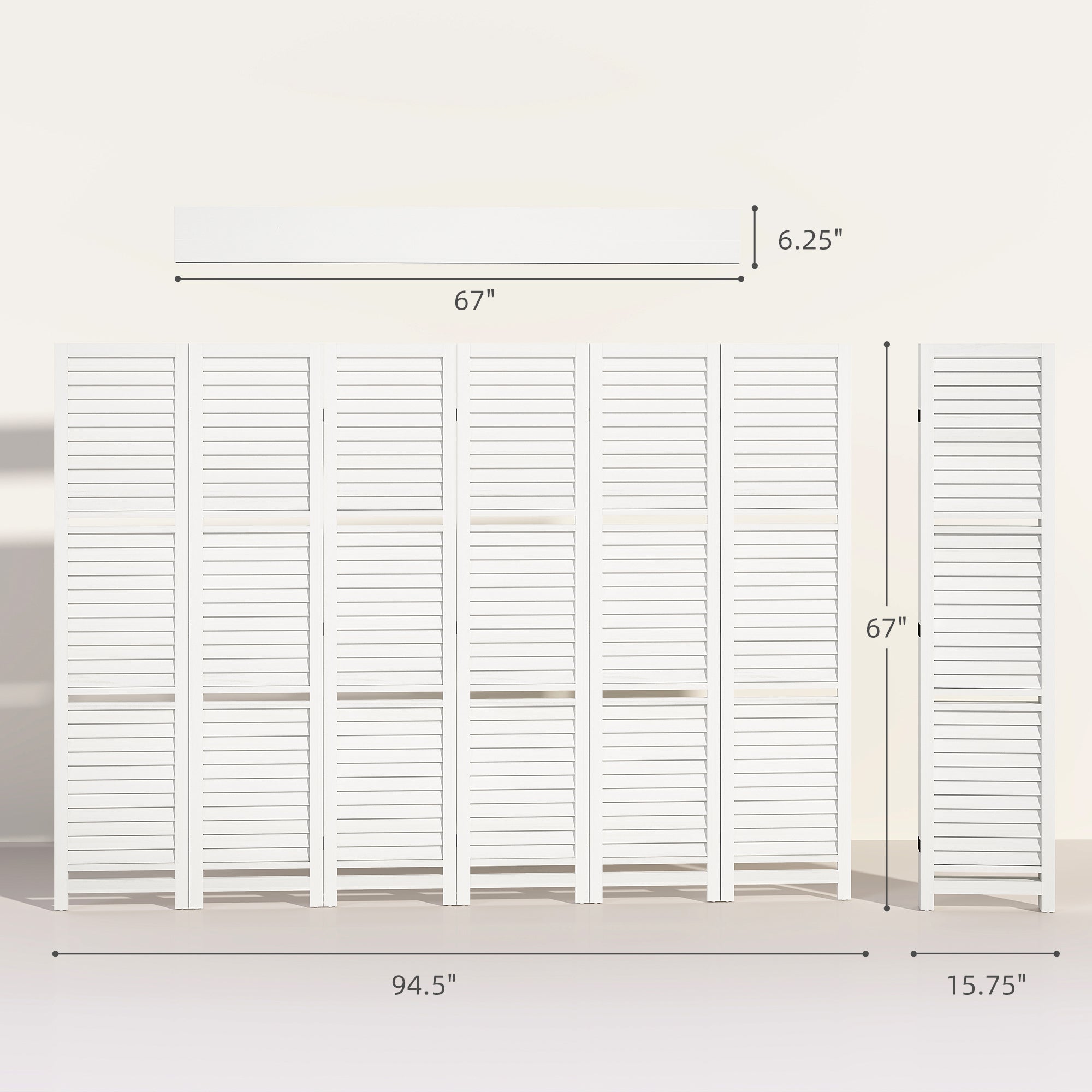 6 Panel 67" Tall Wood Privacy Screen Room Divider with 3 Shelves and Folding Storage for Bedroom, White