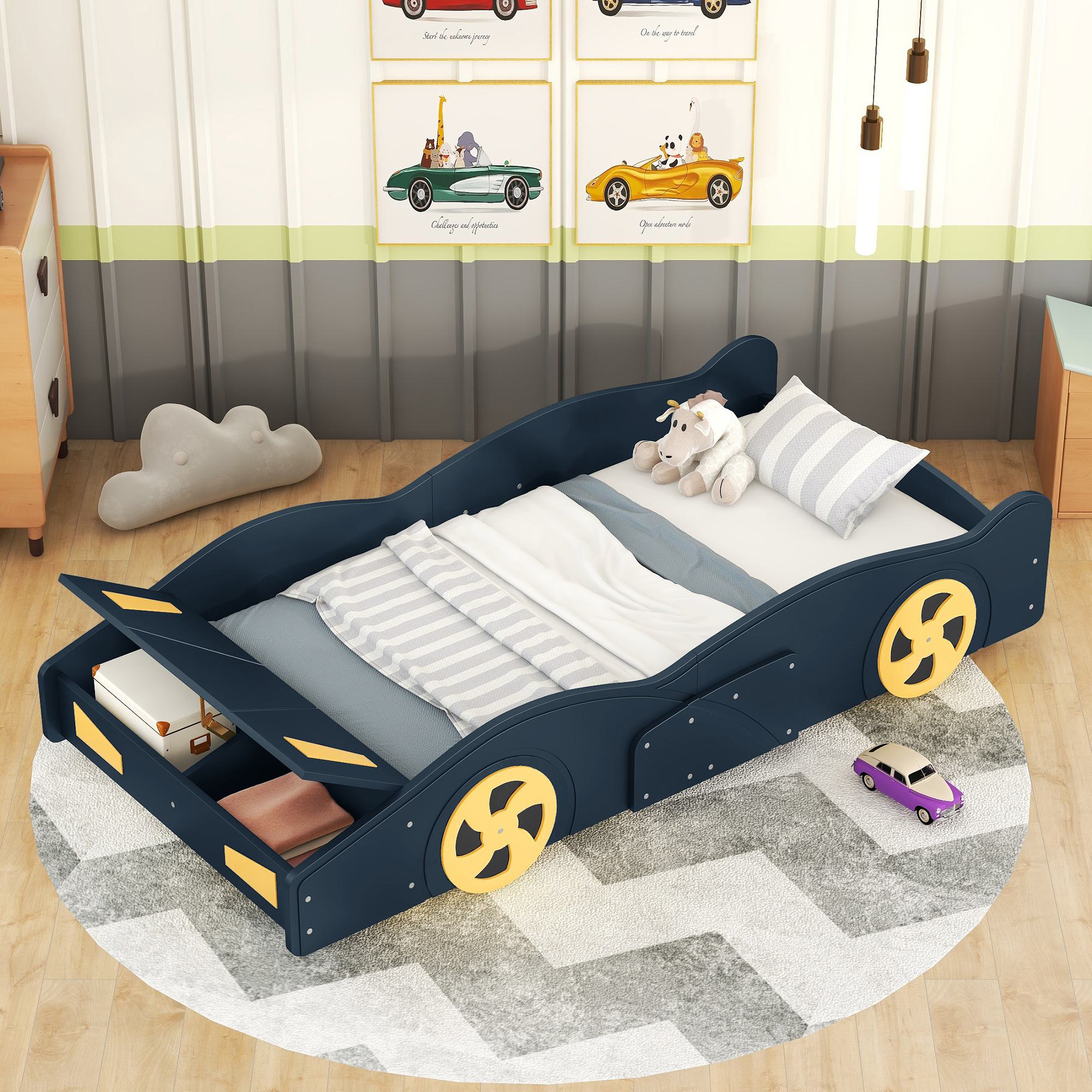 Twin Size Race Car-Shaped Platform Bed with Wheels and Storage, Solid Wood and MDF, 90.5" L x 40" W x 15.5" H, Dark Blue