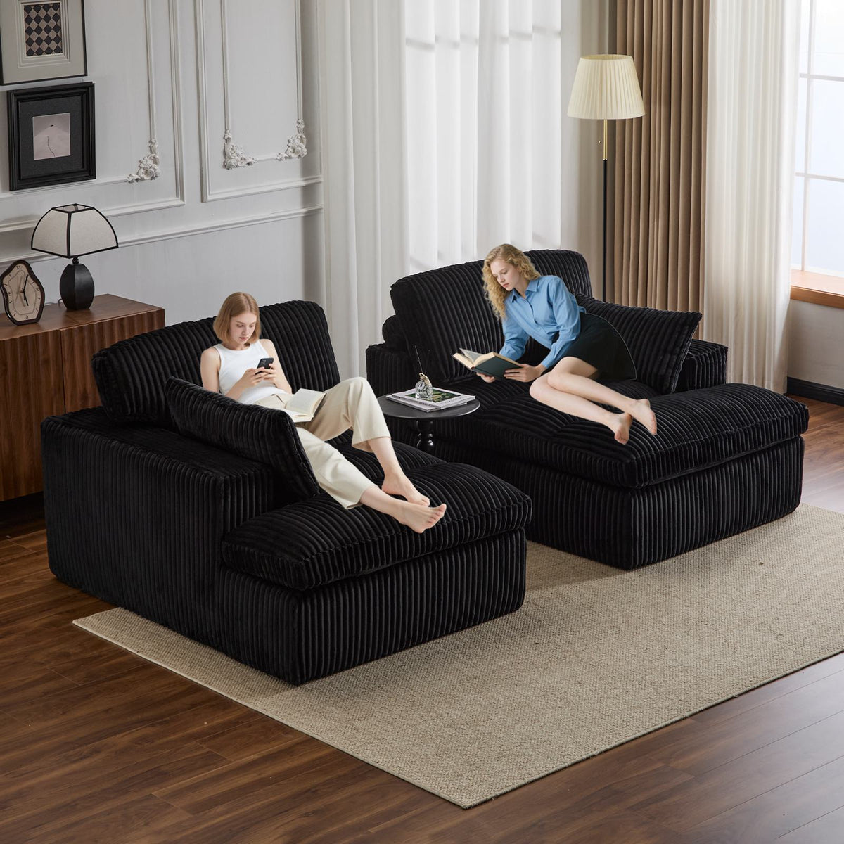 Double Chaise Lounge Chair with Deep Seat and Corduroy Fabric, Sectional Love-seat Perfect for Apartments, 82.5'' L x 57'' W x 23.5'' H, Black