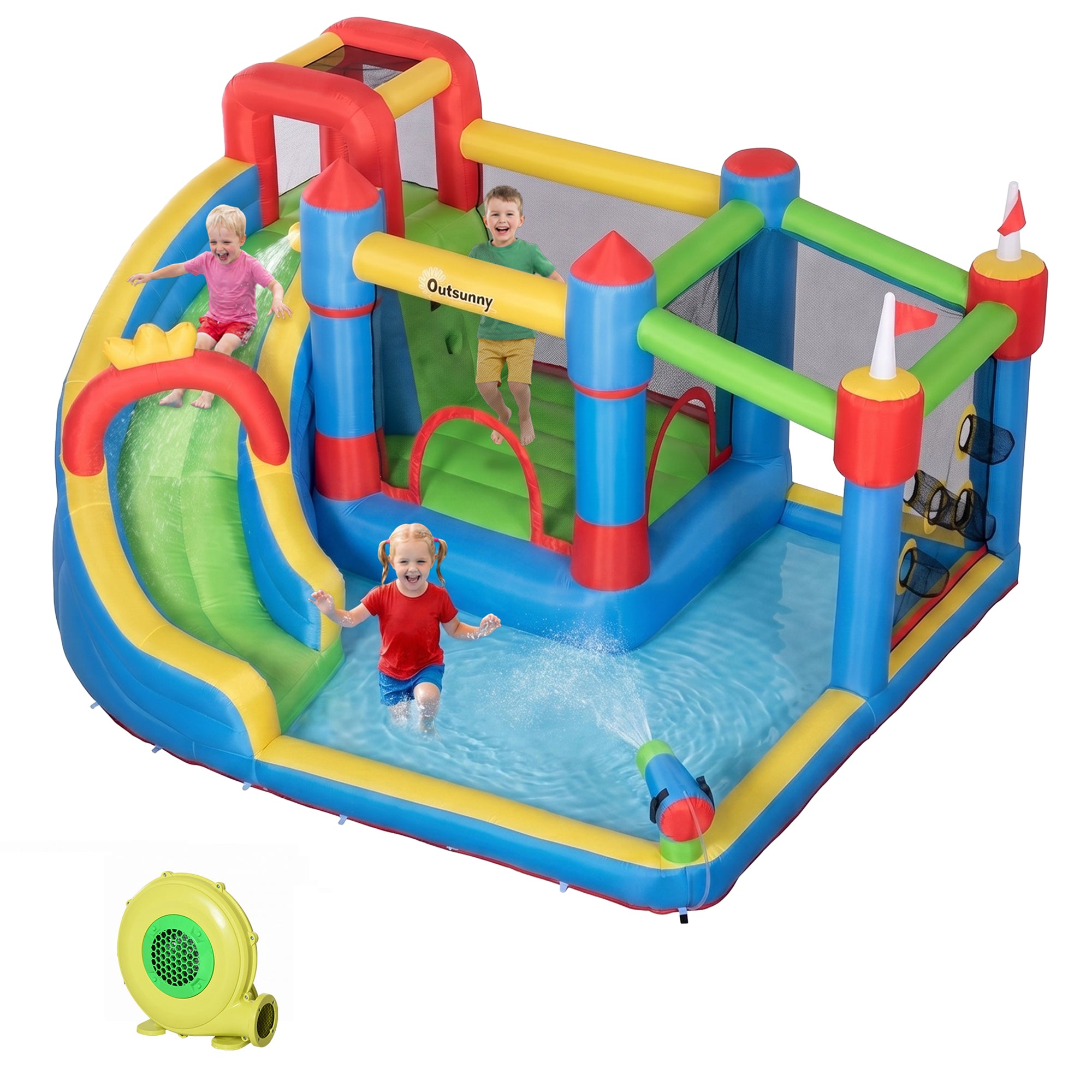 6-in-1 Inflatable Water Slide with Splash Pool, Slide, Climbing Wall, Water Cannon, Inflatable Bounce House for Kids with 2 Min. Inflation and Air Blower