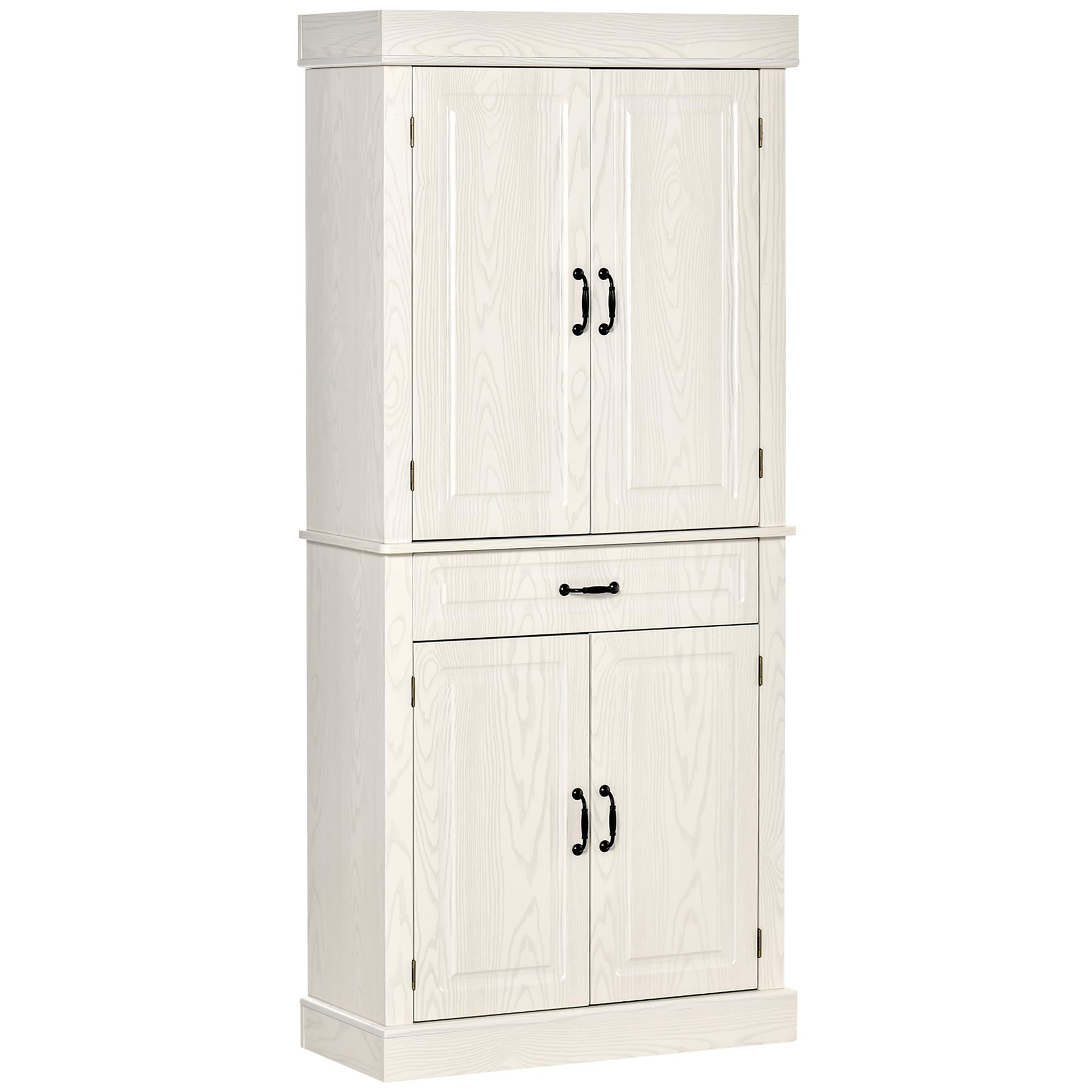 71" Freestanding Kitchen Pantry with 4 Doors and 2 Large Cabinets, Tall Storage Cabinet with Drawer, Distressed White