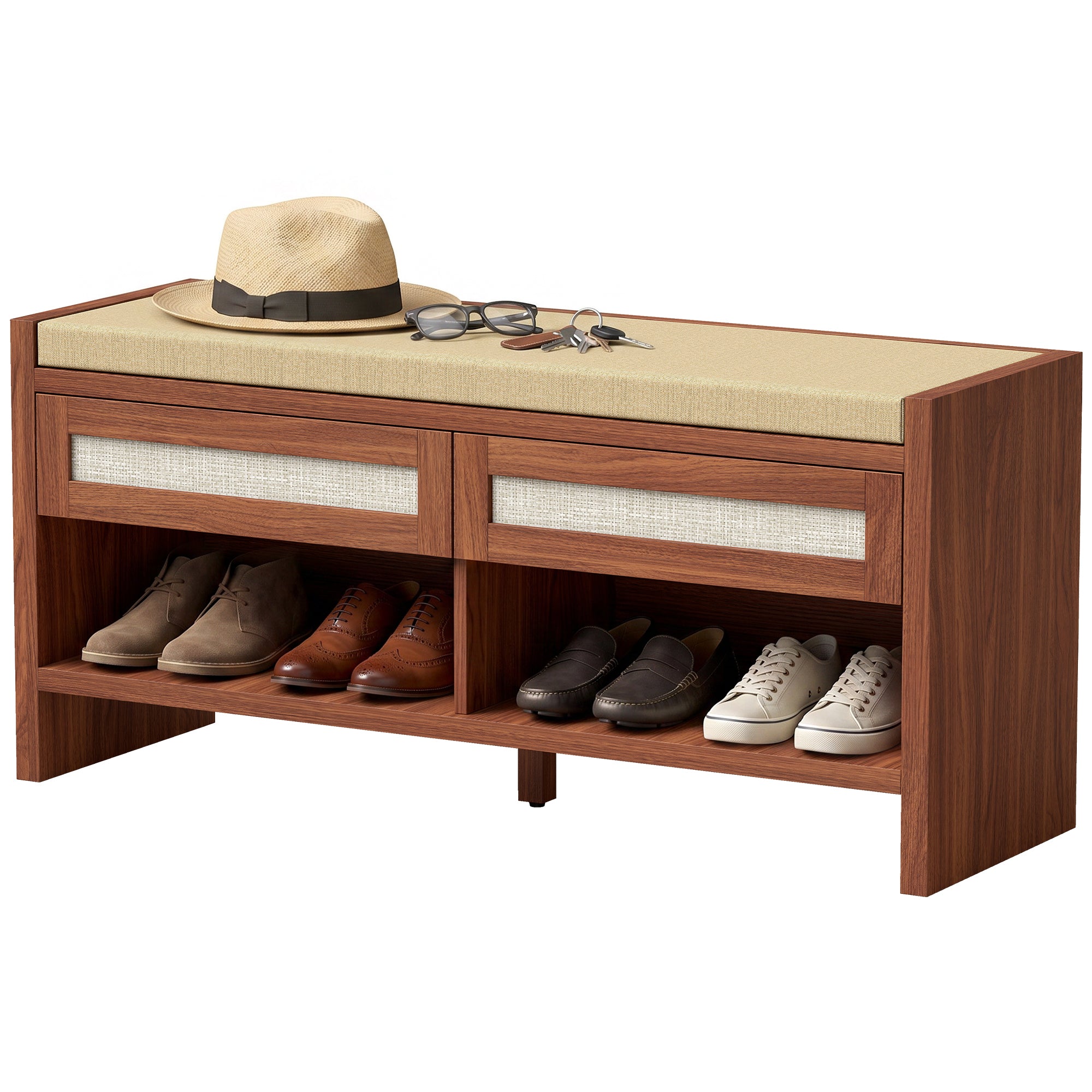 Shoe Bench with Cushioned Seat Shoe Storage Bench with 2 Rattan Drawers and Open Shelf Brown