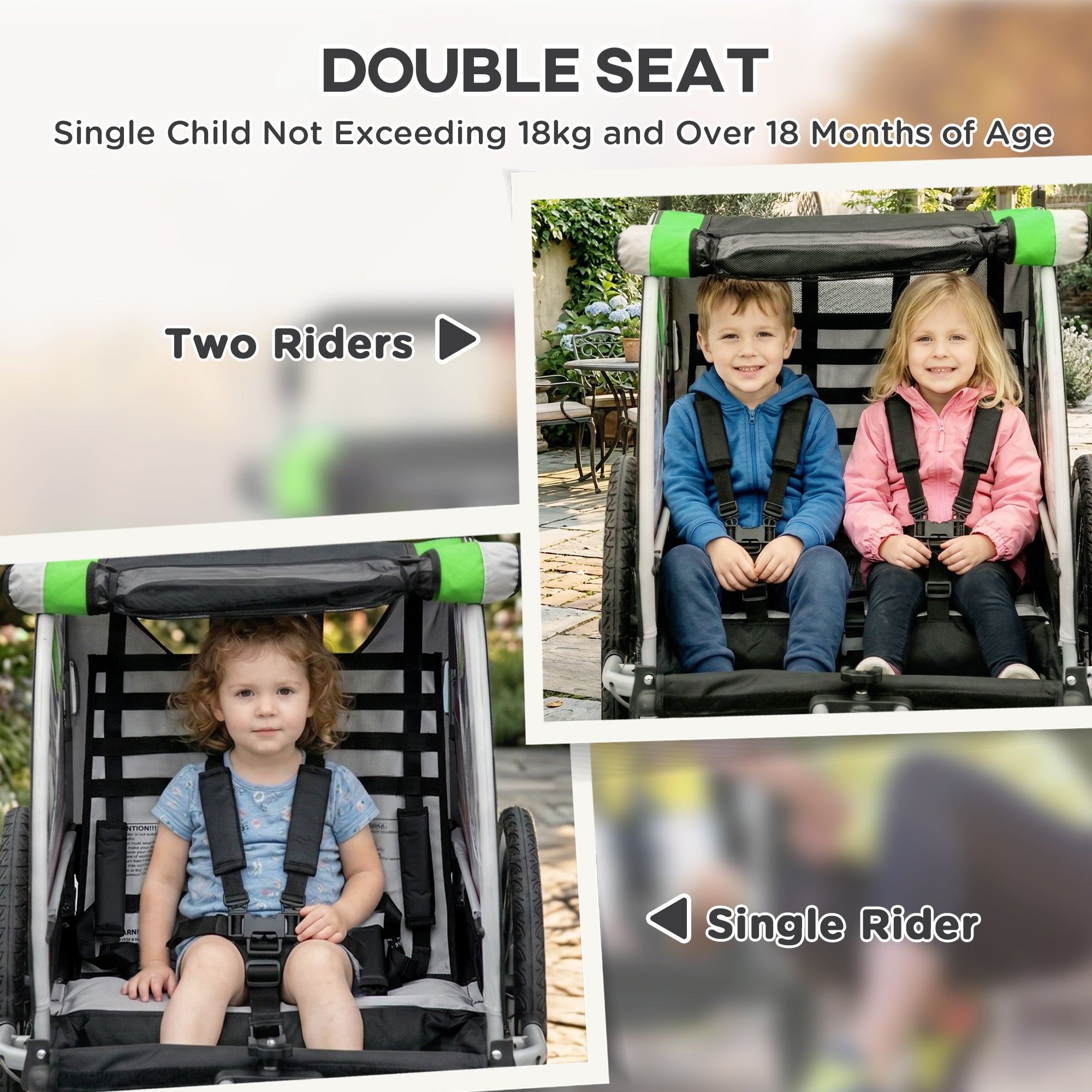 3-in-1 Bike Trailer for Kids, Running Stroller with 2 Seats, Jogging Cart with 5-Point Harness, Storage Units, Green