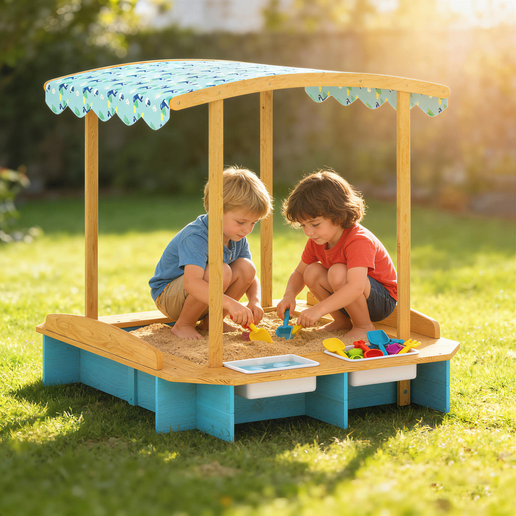 Wooden Sandbox with Dinosaur Print Canopy Kids Sandbox Outdoor with Bench Seats & 2 Storage Bins