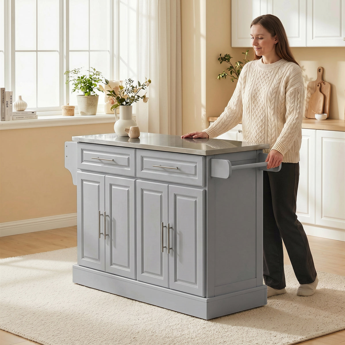 Rolling Kitchen Island Cart with 47" Stainless Steel Top, Portable Island Table for Kitchen with Wheels, Adjustable Shelves, 2 Drawers, Spice, Knife and Towel Rack, Gray