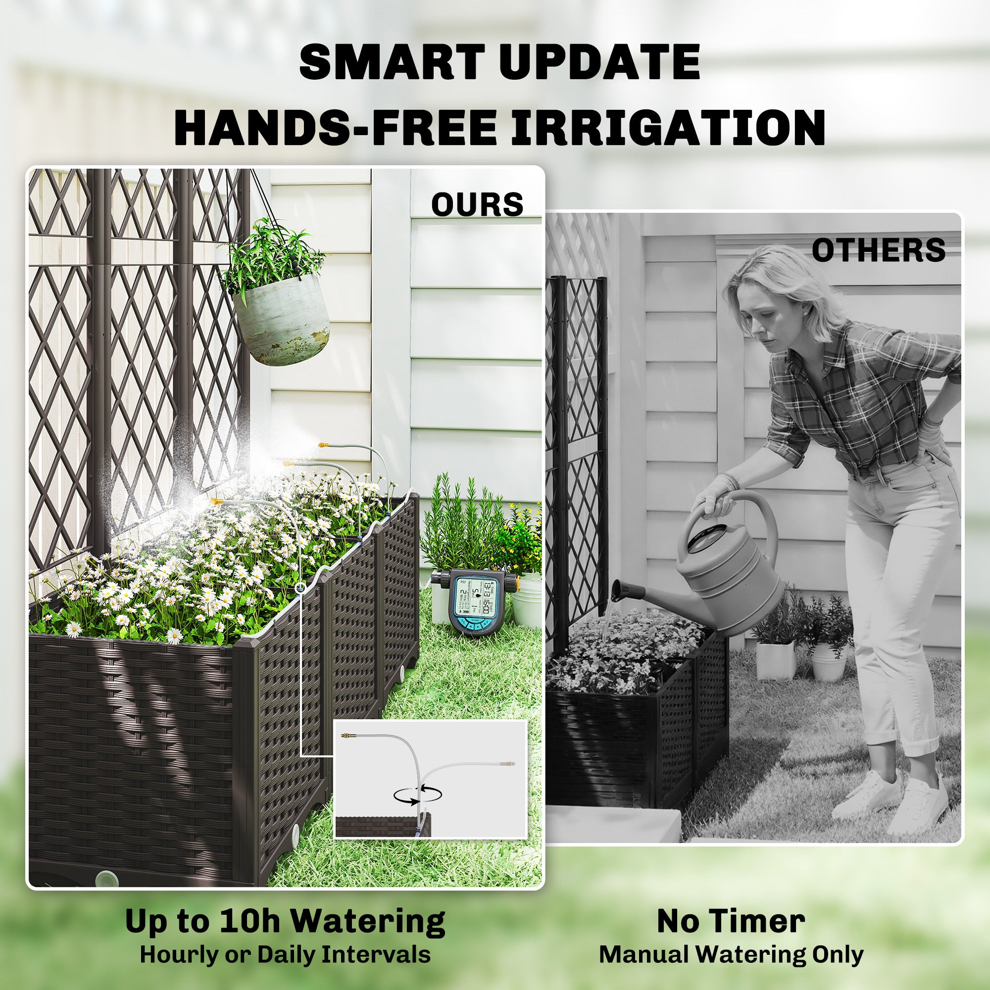 3PCS Plastic Planter Box with Trellis, Self-Watering Raised Garden Bed with Trellis and Automatic Watering Timer Kit