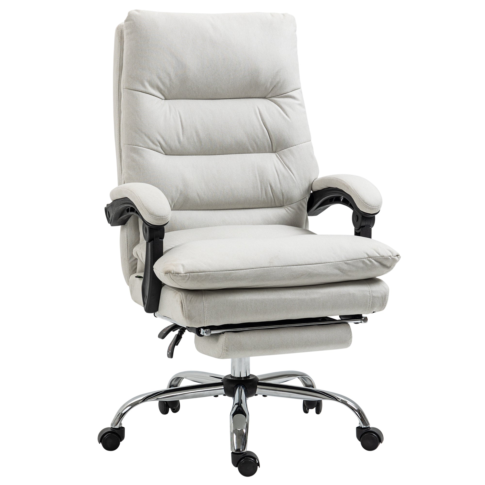 Microfibre Executive Massage Office Chair, Computer Desk Chair, Heated Reclining Chair with Footrest, Double-tier Padding, Swivel Wheels, Cream White