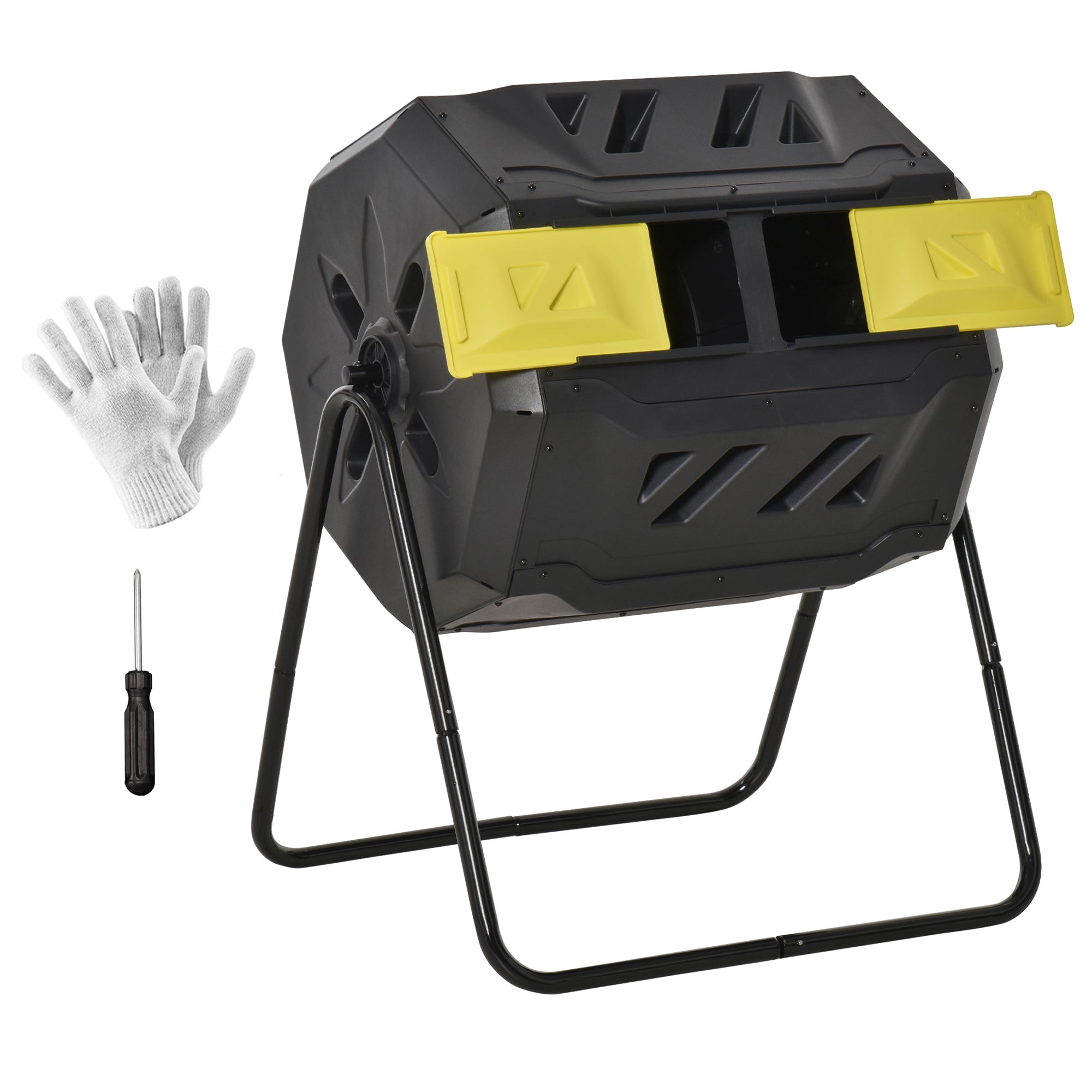 Tumbling Compost Bin Outdoor 360° Dual Chamber Rotating Composter 43 Gallon, Yellow