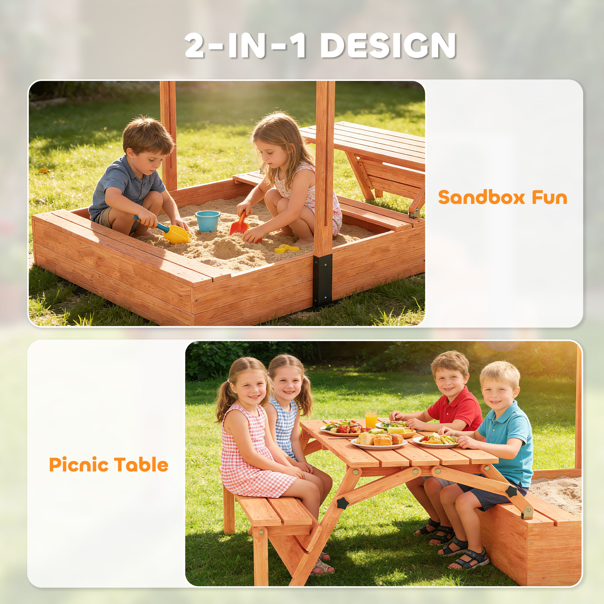Kids Sandbox with Lid, Wooden Sand Pit with Canopy, Foldable Picnic Table, Bench Seats, Bottom Liner, Cover, Brown