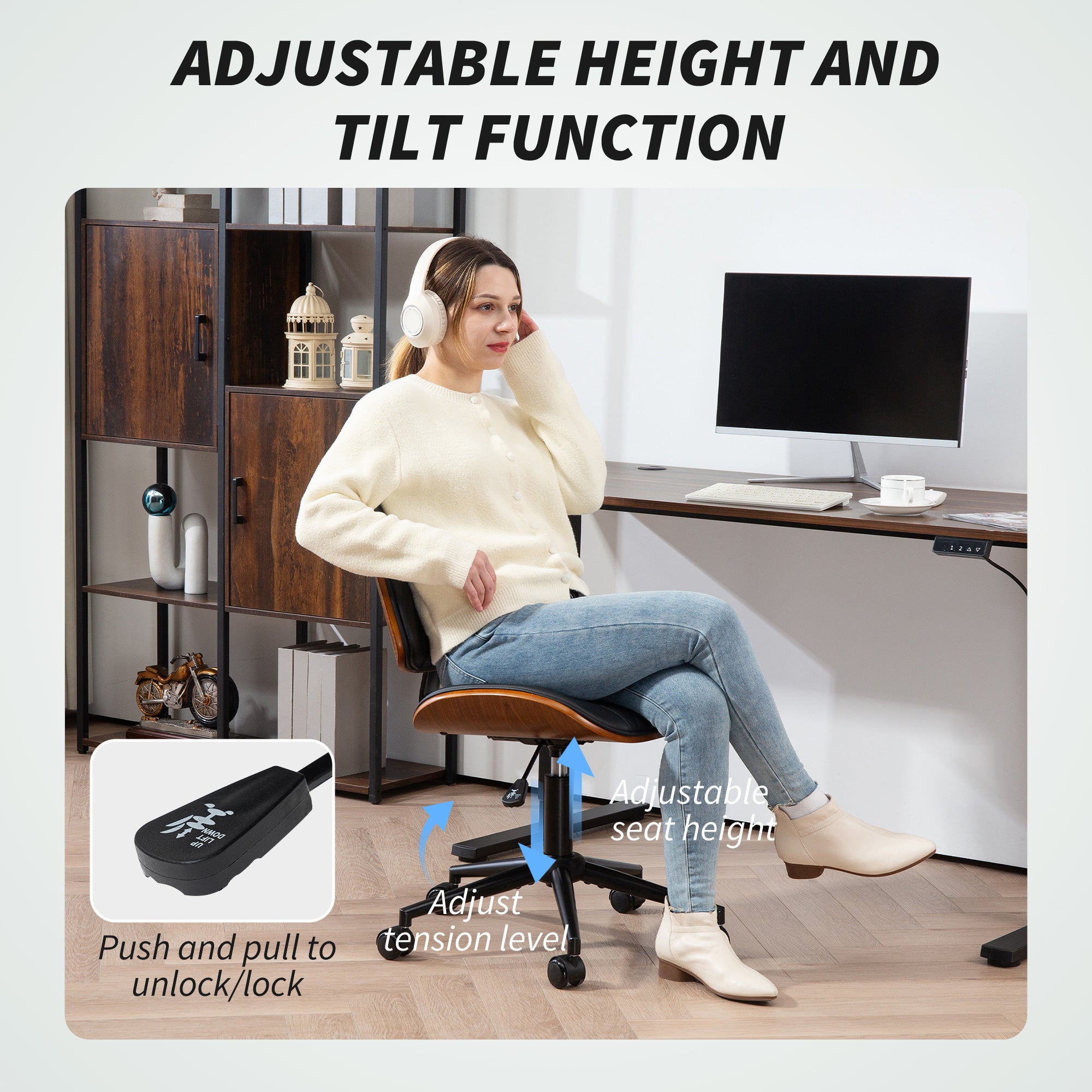 Home Office Chair No Arms with Wheels, PU Leather Desk Chair with Adjustable Height, 360 Swivel for Reading, Black