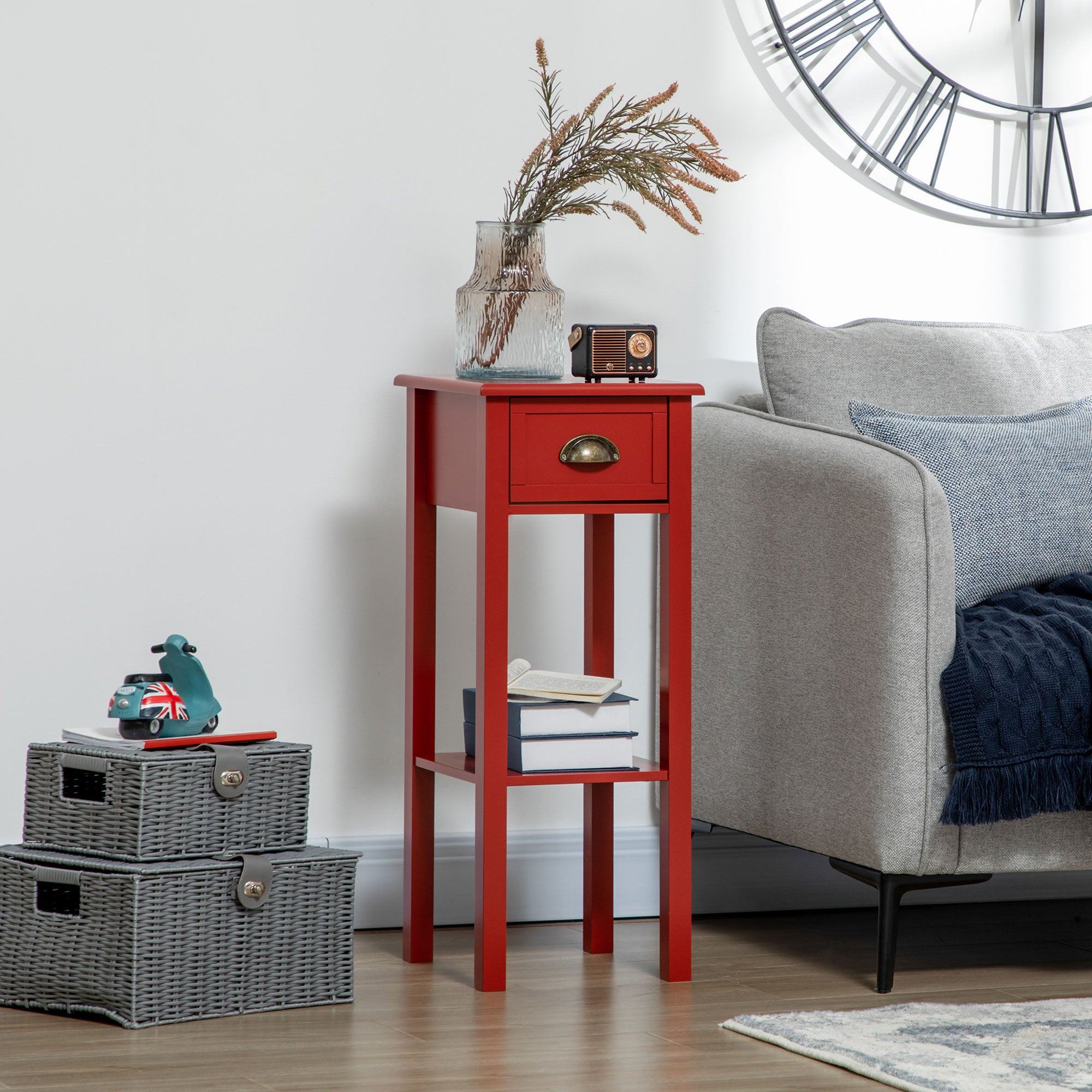 2-Tier Side Table with Drawer and Shelf, End Table for Living Room and Hallway, Red