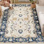 Machine Washable Area Rug 8x10, Non-Slip Boho Floral Print Floor Carpet for Living Room, Bedroom, Dining Room, Blue