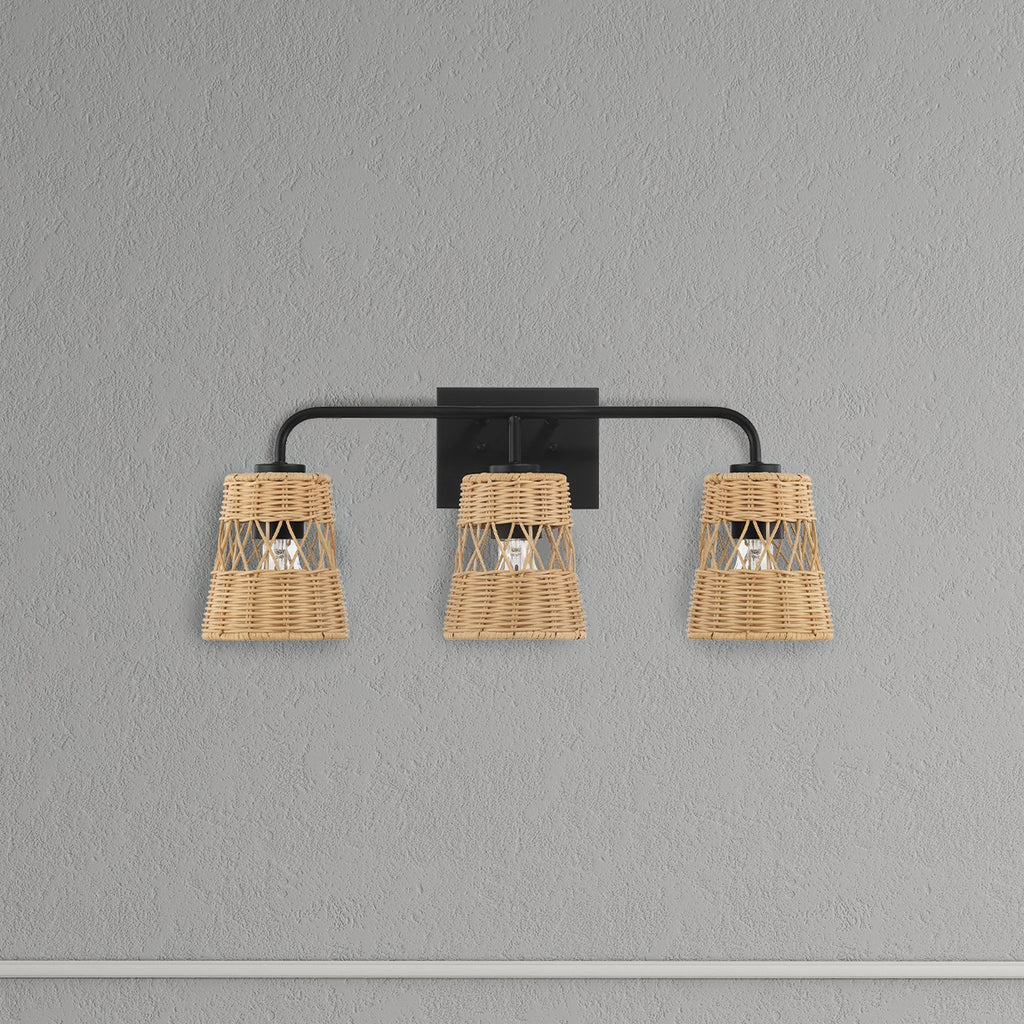 Stylish Three-Light Wall Sconce with Rattan Shade, Metal Finish, Bathroom Lighting Fixture Over Mirror, 6.5" L x 22.5" W x 9.5" H, Black