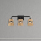 Stylish Three-Light Wall Sconce with Rattan Shade, Metal Finish, Bathroom Lighting Fixture Over Mirror, 6.5" L x 22.5" W x 9.5" H, Black